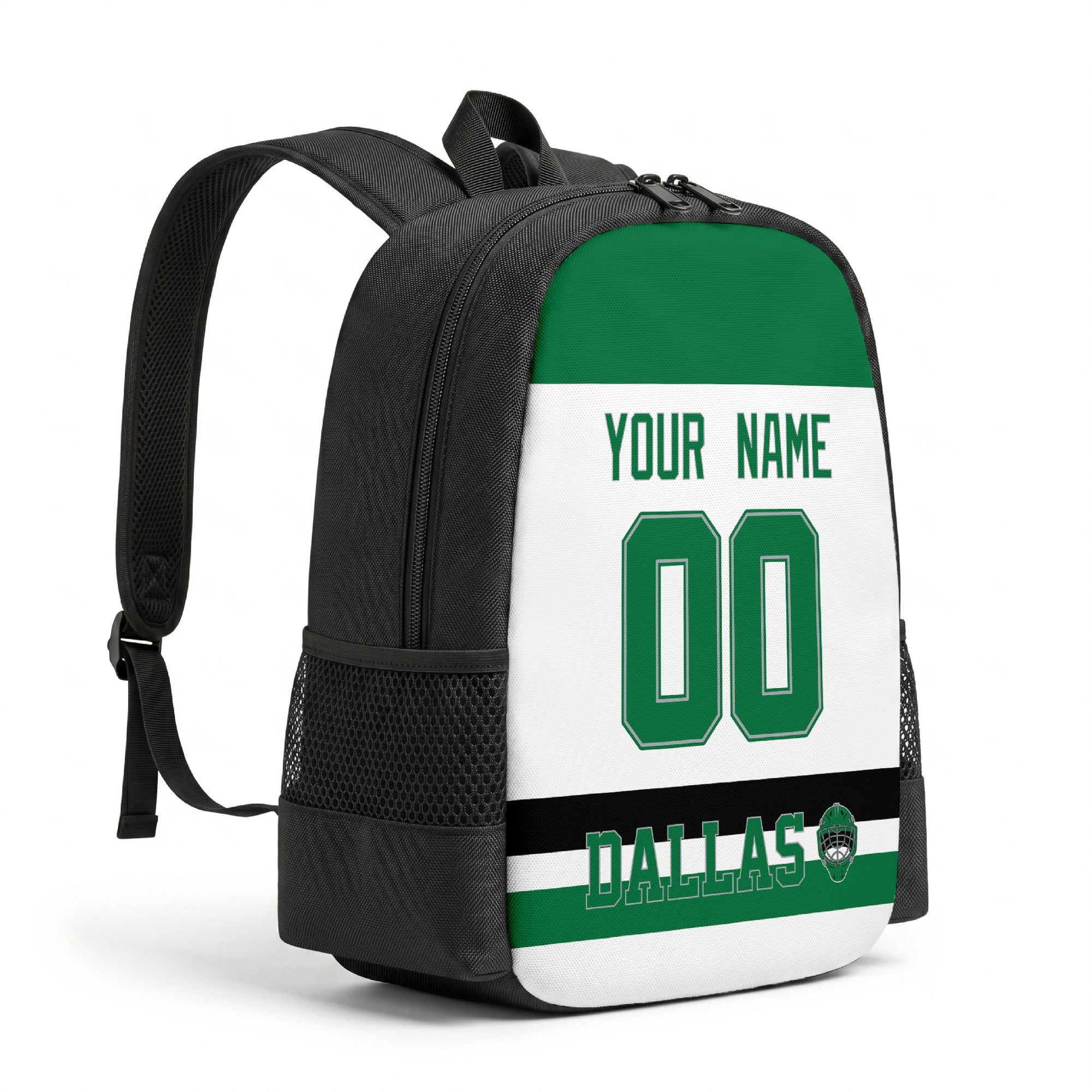 Dallas personalized hockey backpack alternate angled view with side pocket