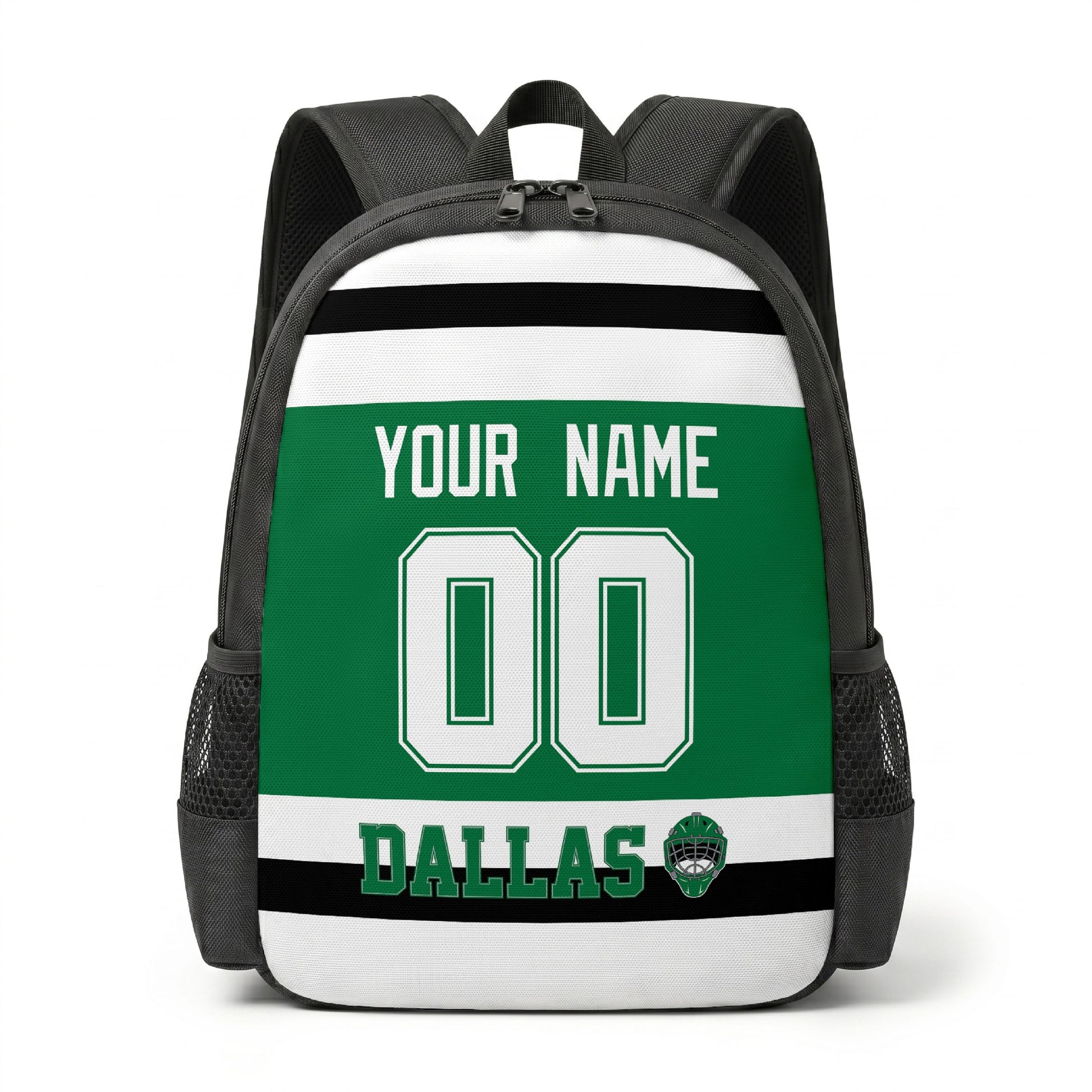 Dallas hockey backpack front view with custom name and number