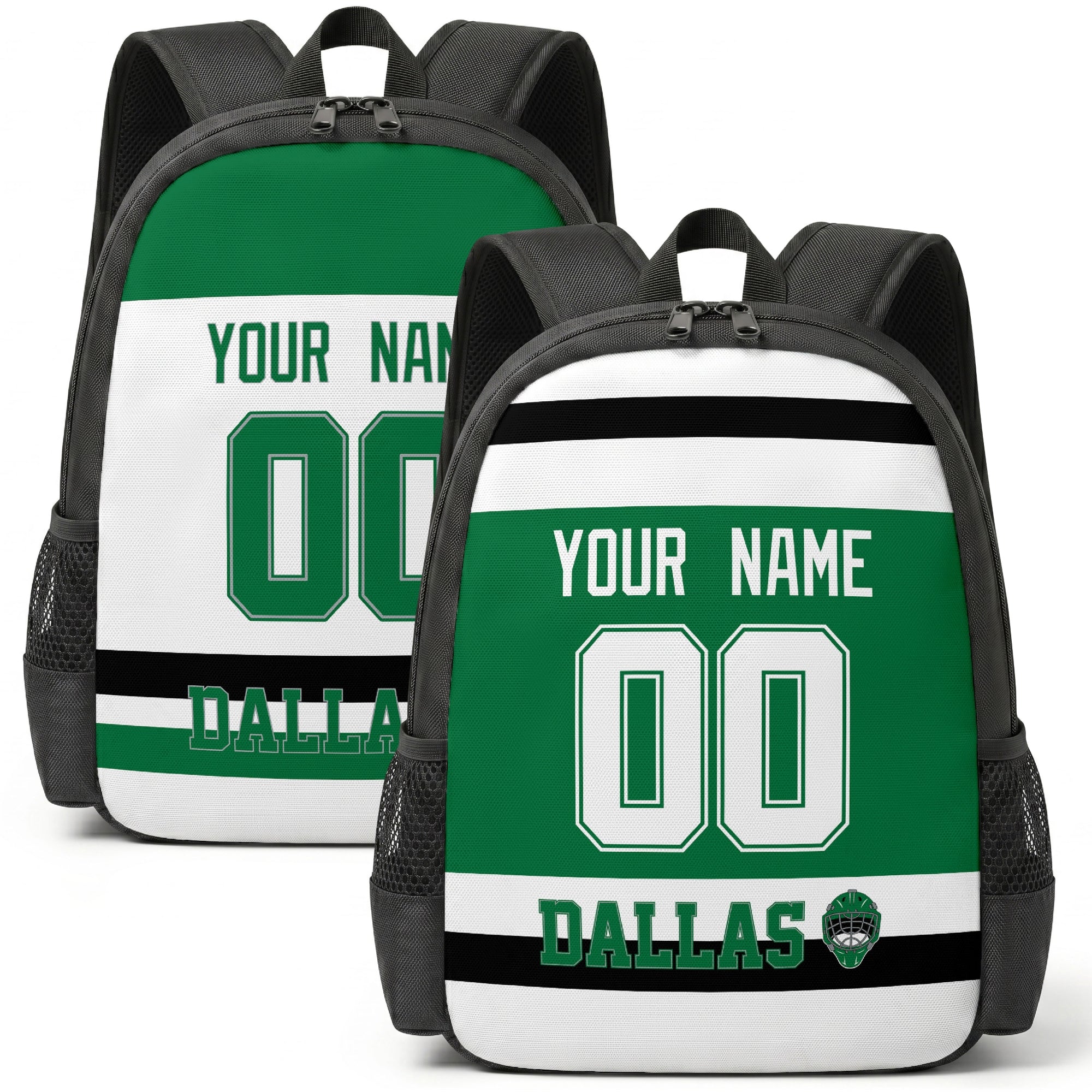 Custom hockey backpack for Dallas fans with name and number preview