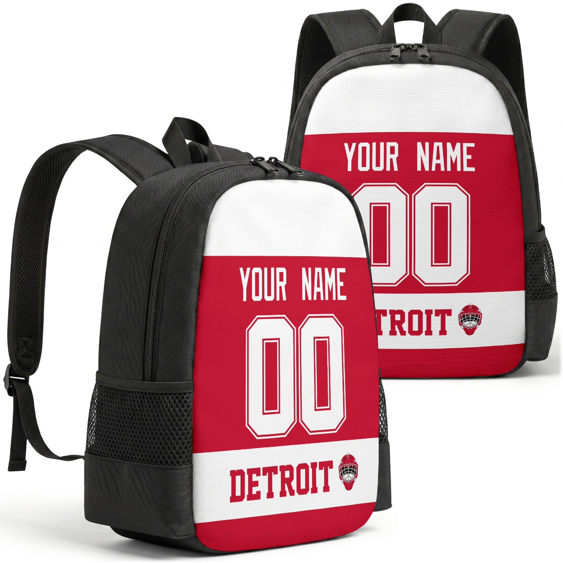 Detroit custom hockey backpack front and back product view