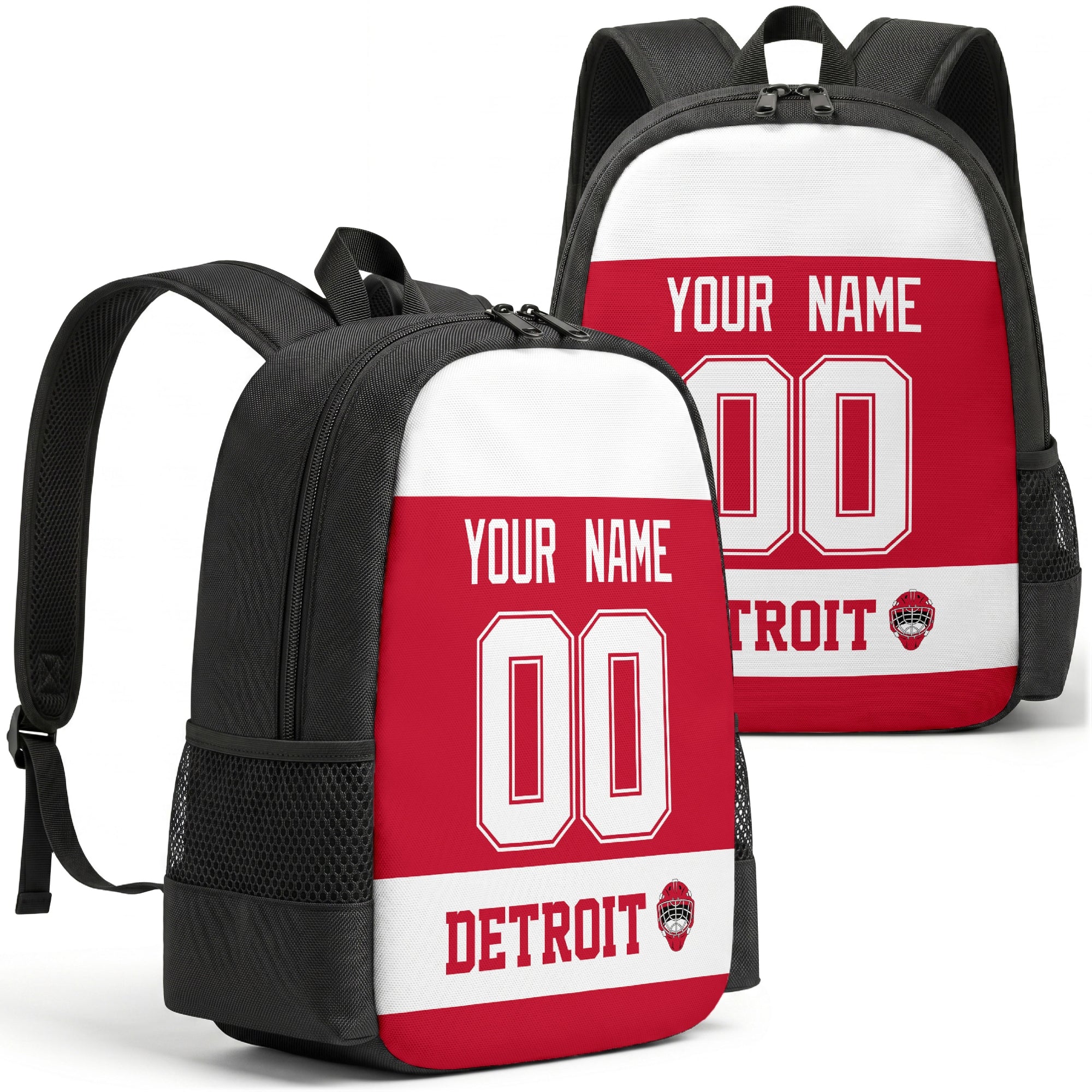 Detroit custom hockey backpack front and back product view