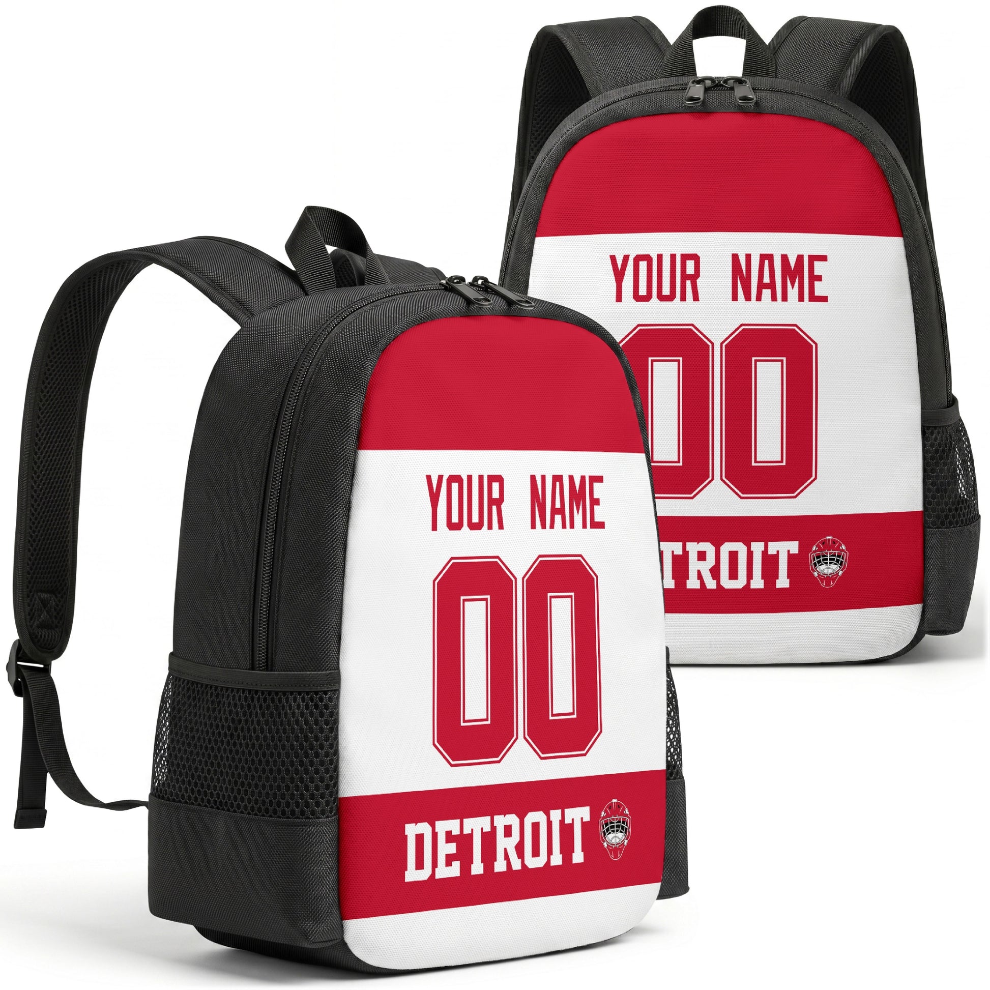 Detroit personalized hockey backpack alternate front and back product view