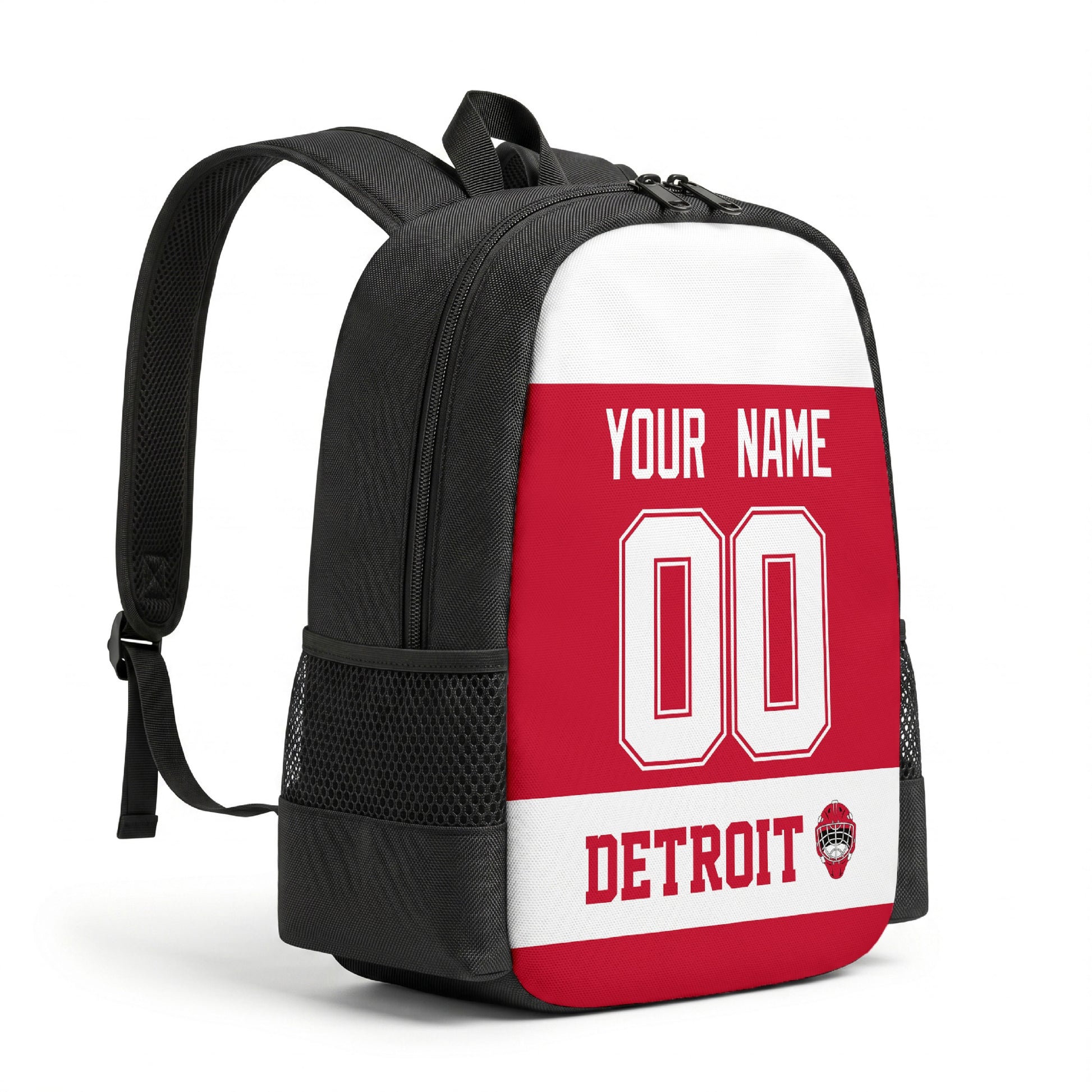 Detroit hockey backpack angled view with side pocket