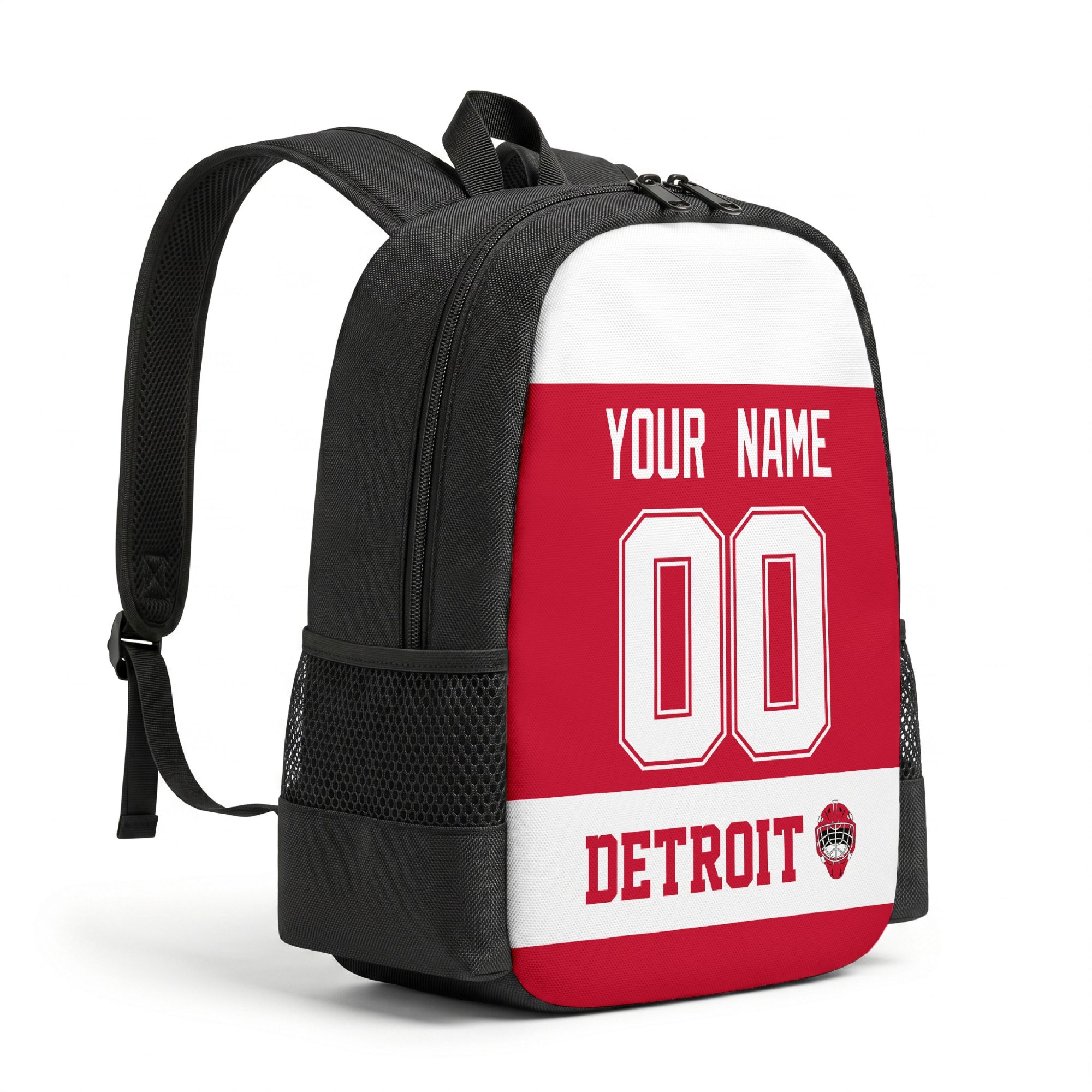 Detroit hockey backpack angled view with side pocket