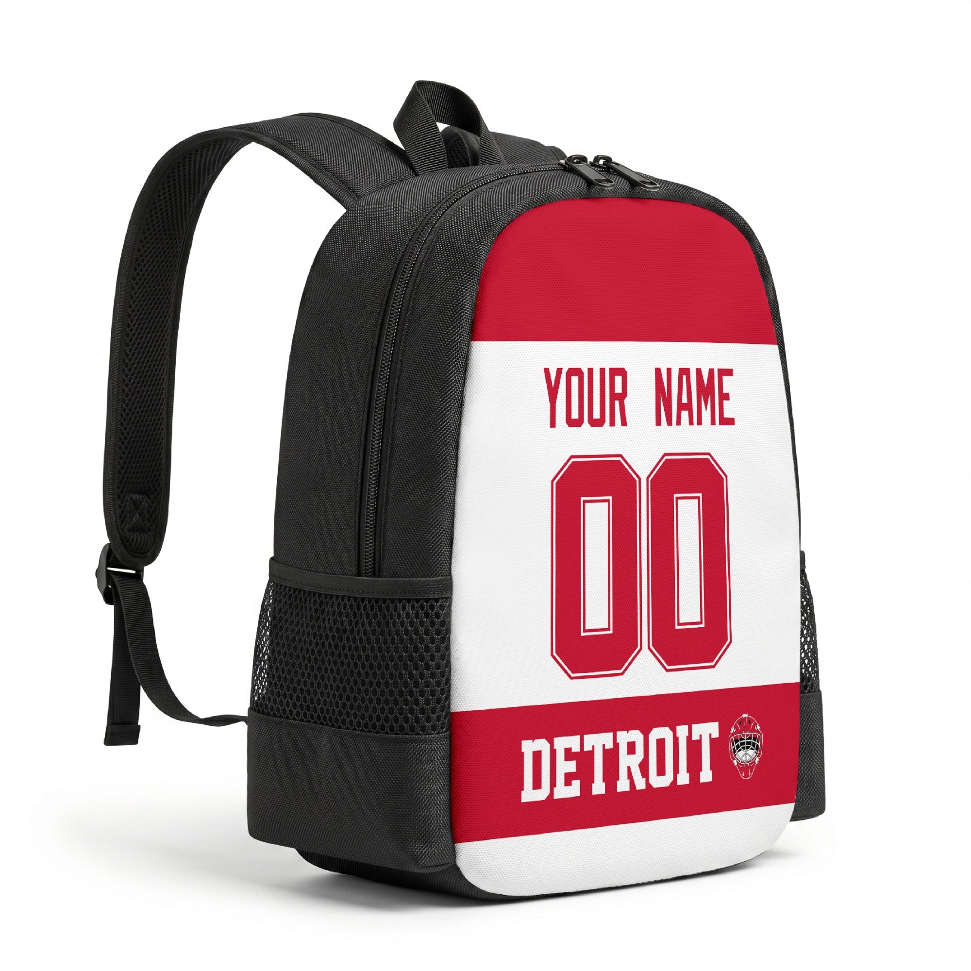 Detroit personalized hockey backpack alternate angled view with side pocket