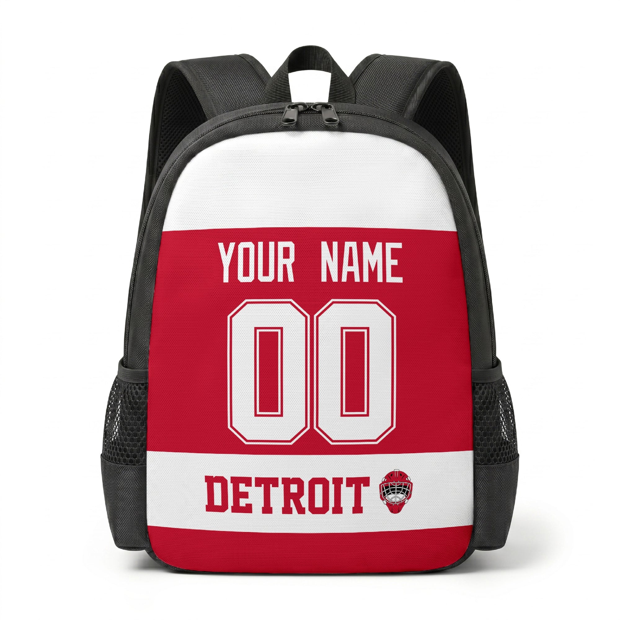 Detroit hockey backpack front view with custom name and number
