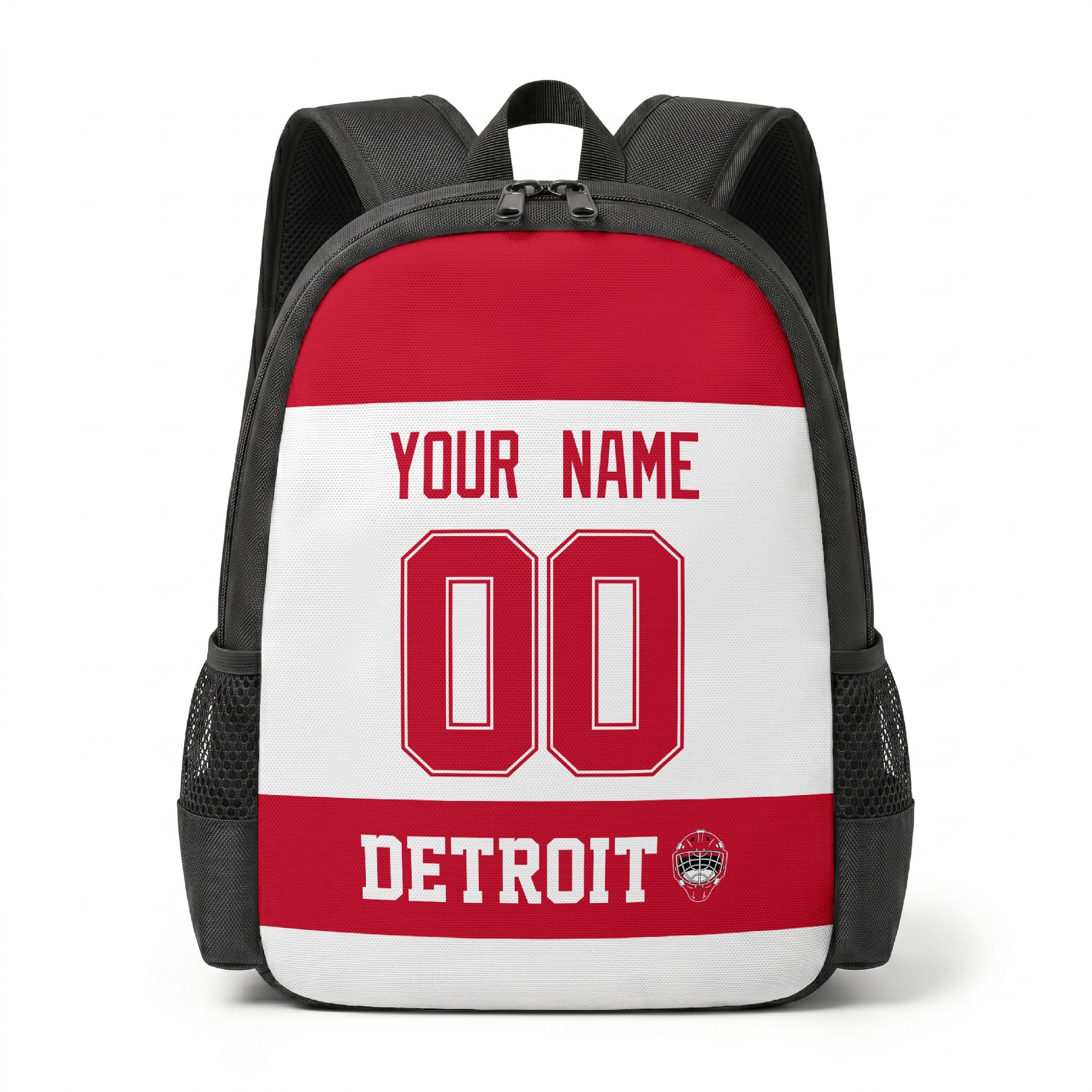 Detroit personalized hockey backpack alternate front view