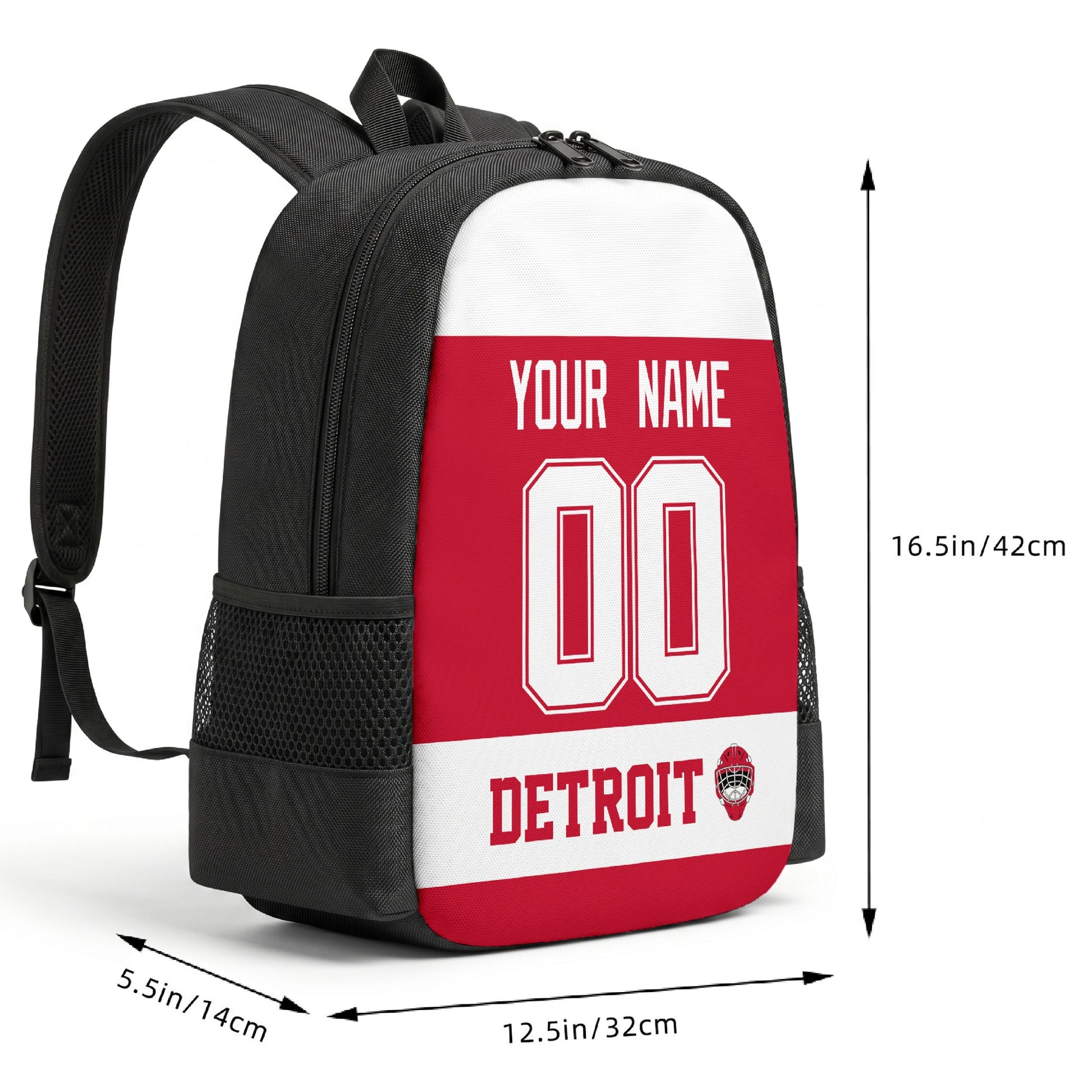 Detroit custom hockey backpack size chart 16.5 by 12.5 by 5.5 inches
