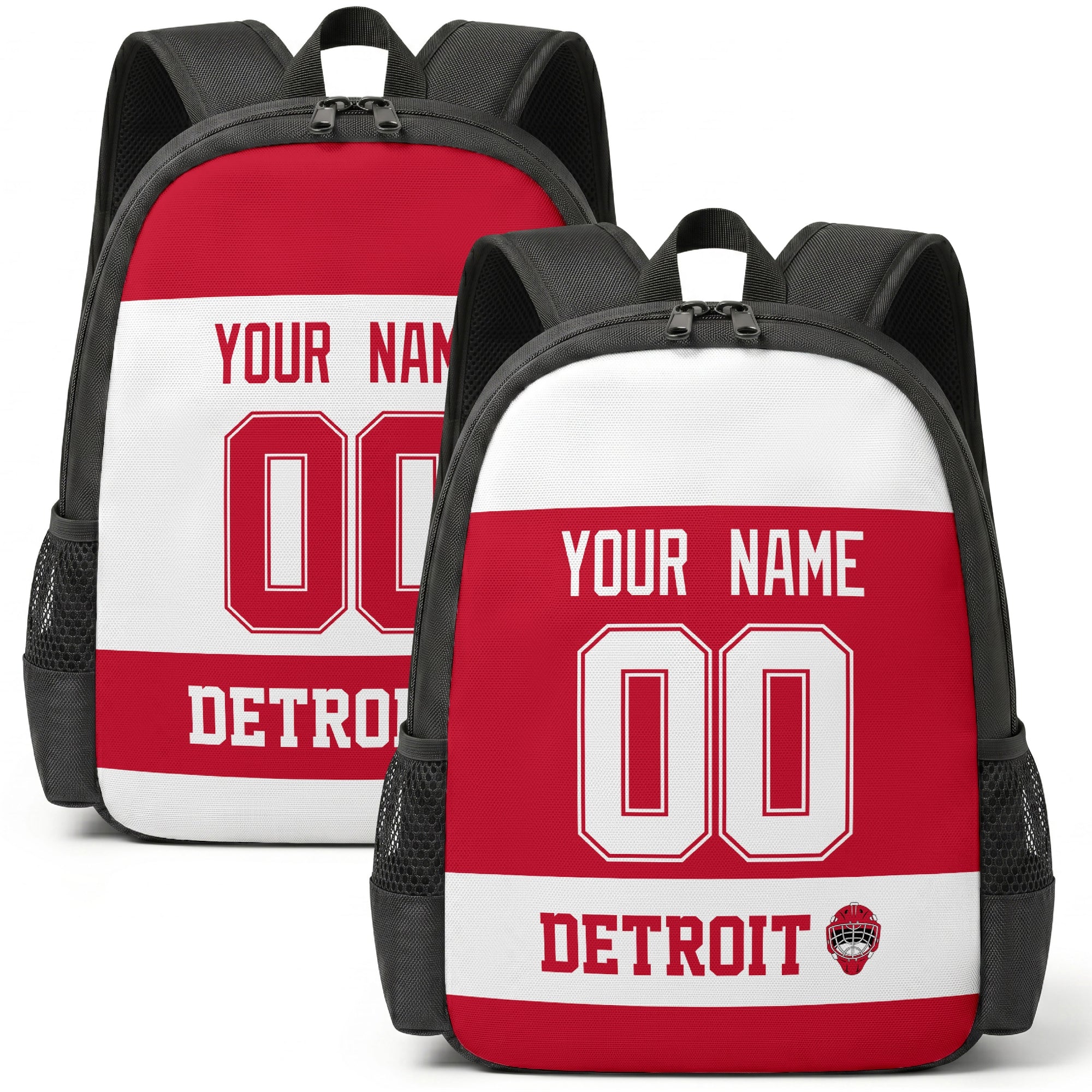 Custom hockey backpack for Detroit fans with name and number preview