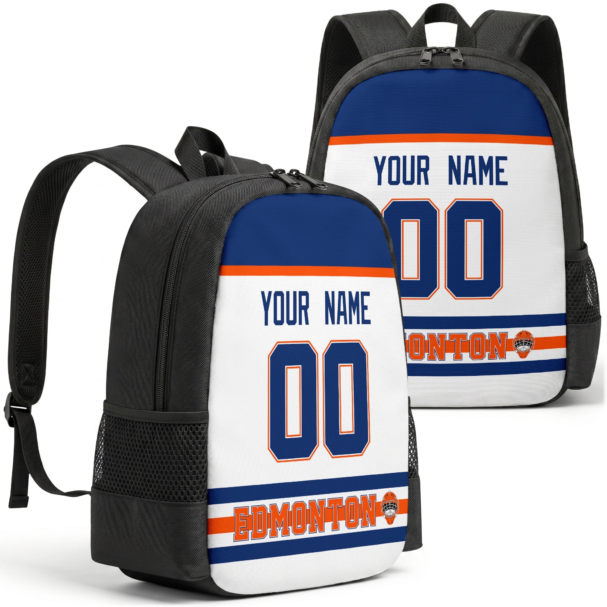 Edmonton personalized hockey backpack alternate front and back product view
