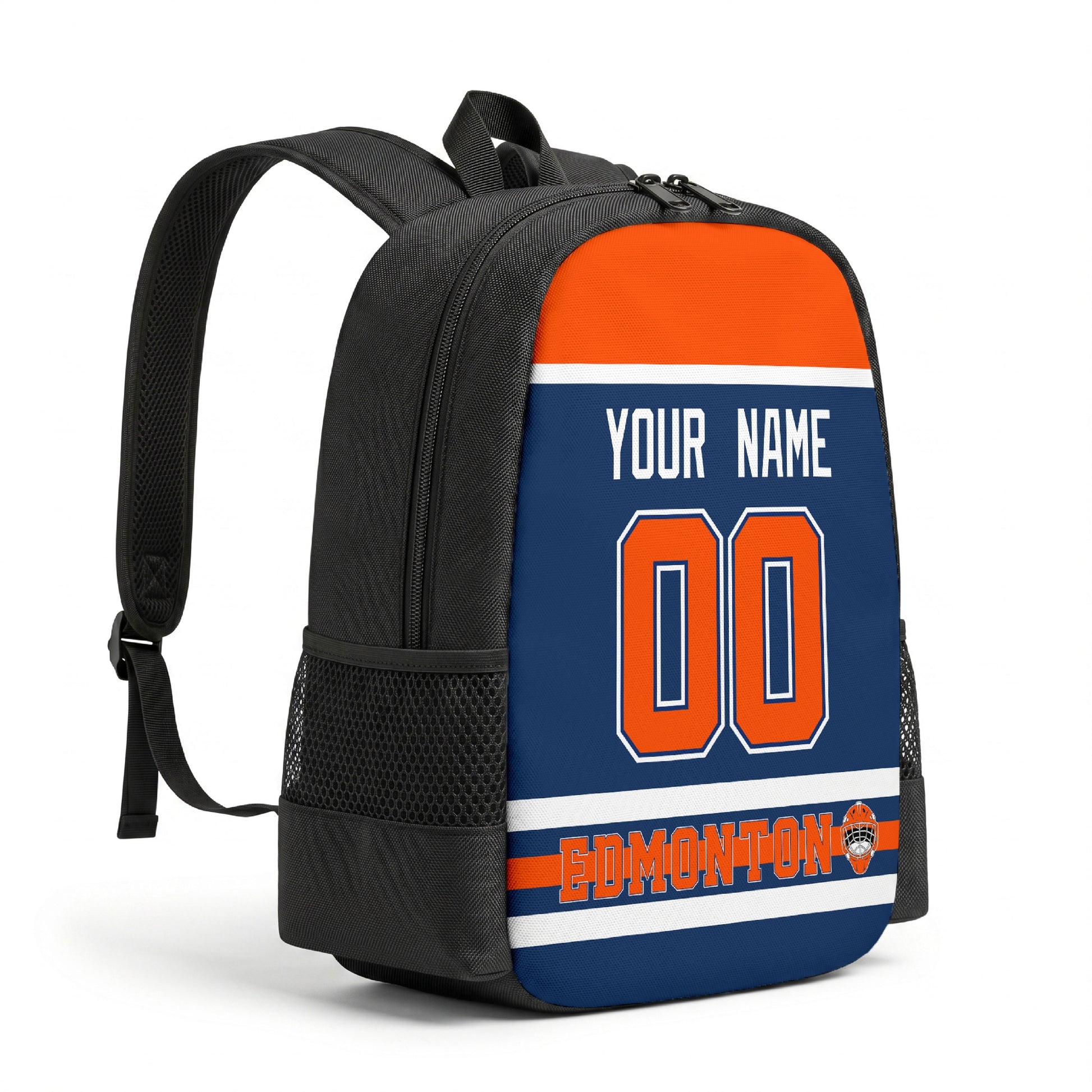 Edmonton hockey backpack angled view with side pocket