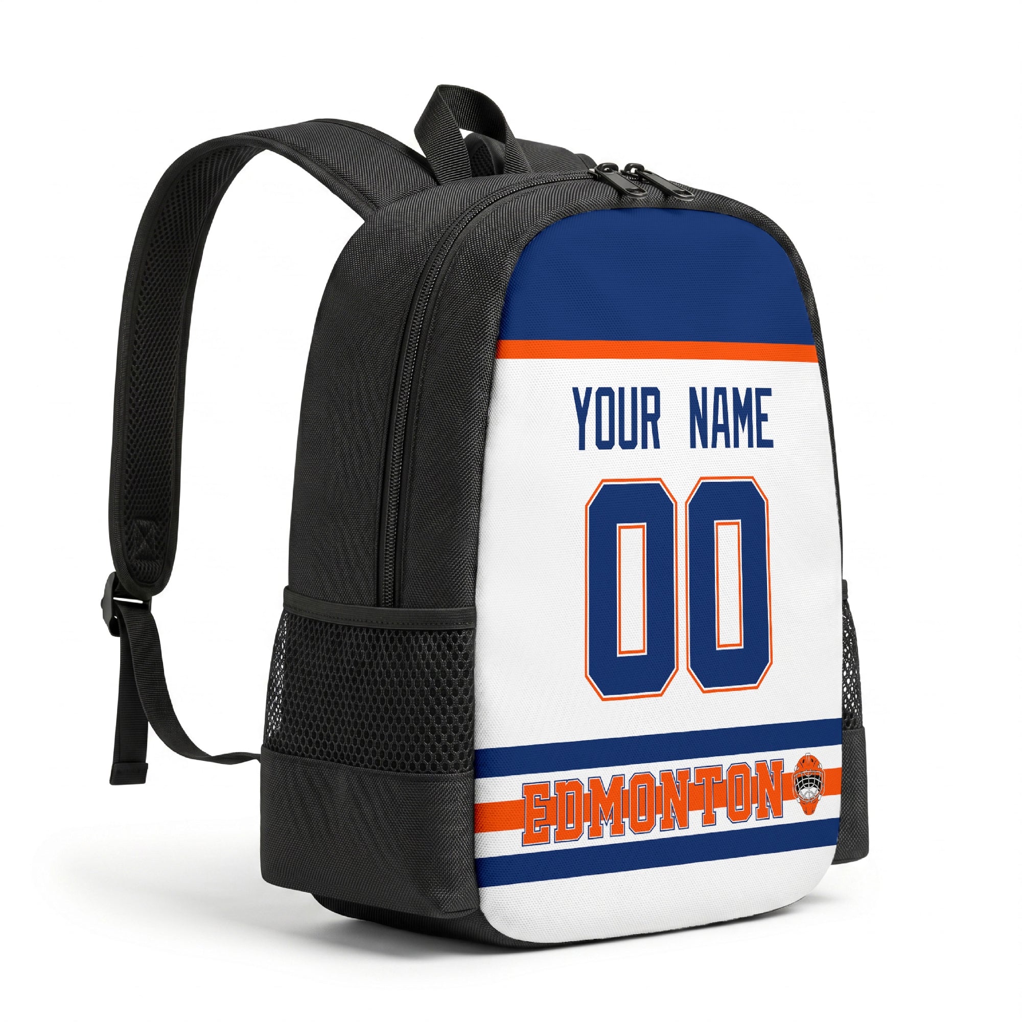 Edmonton personalized hockey backpack alternate angled view with side pocket