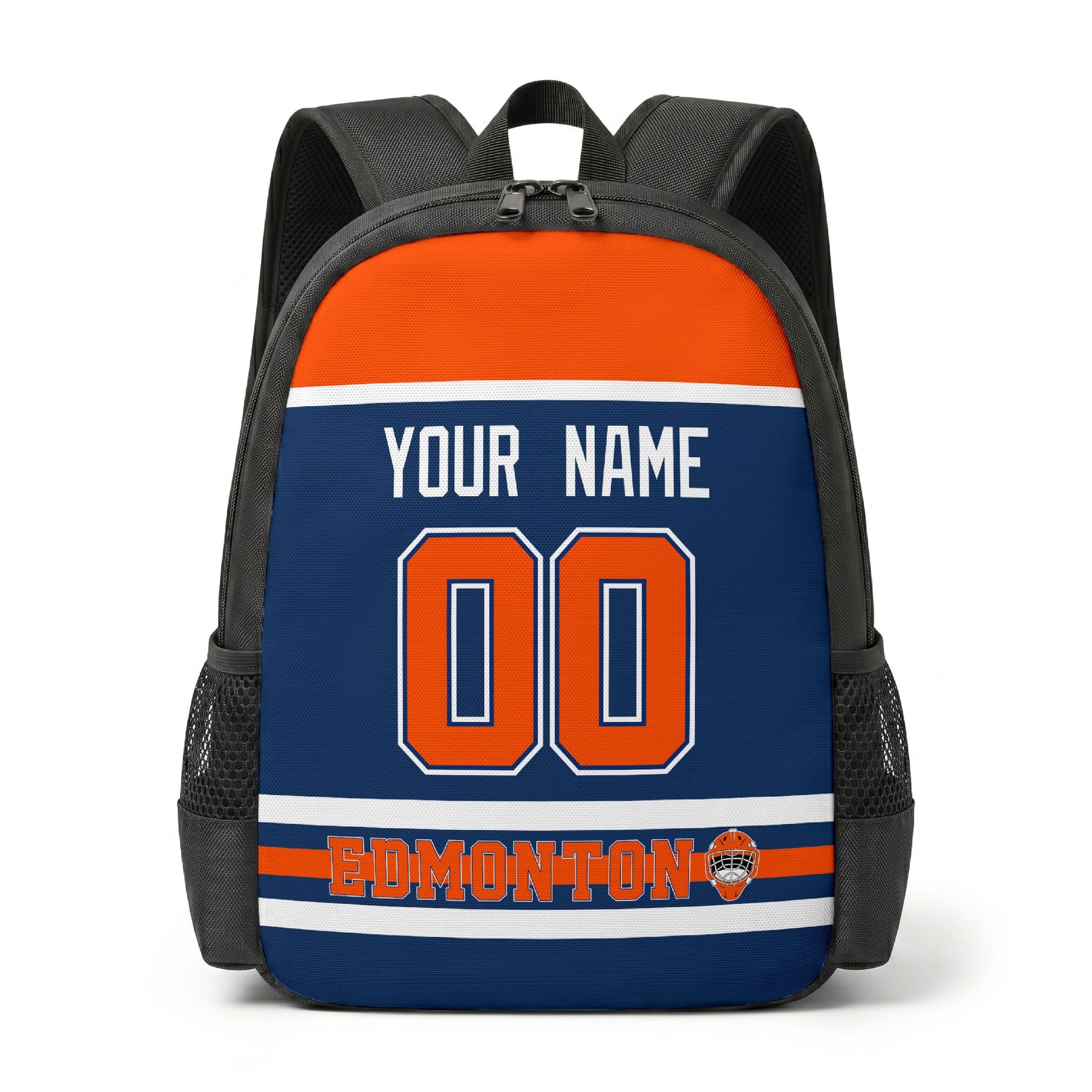 Edmonton hockey backpack front view with custom name and number
