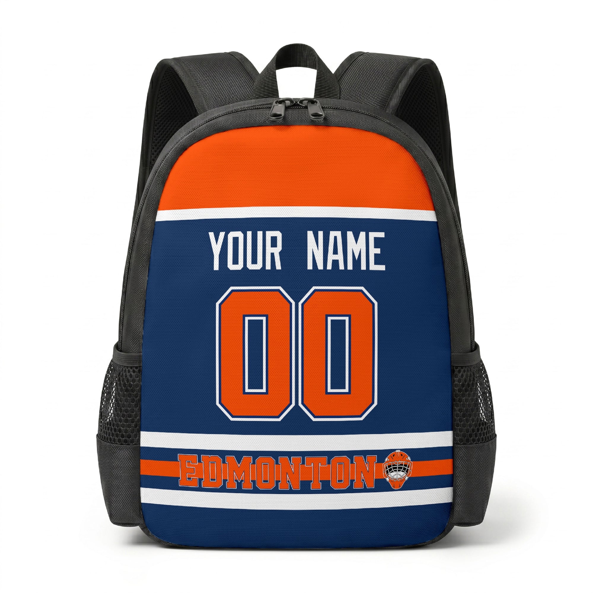 Edmonton hockey backpack front view with custom name and number
