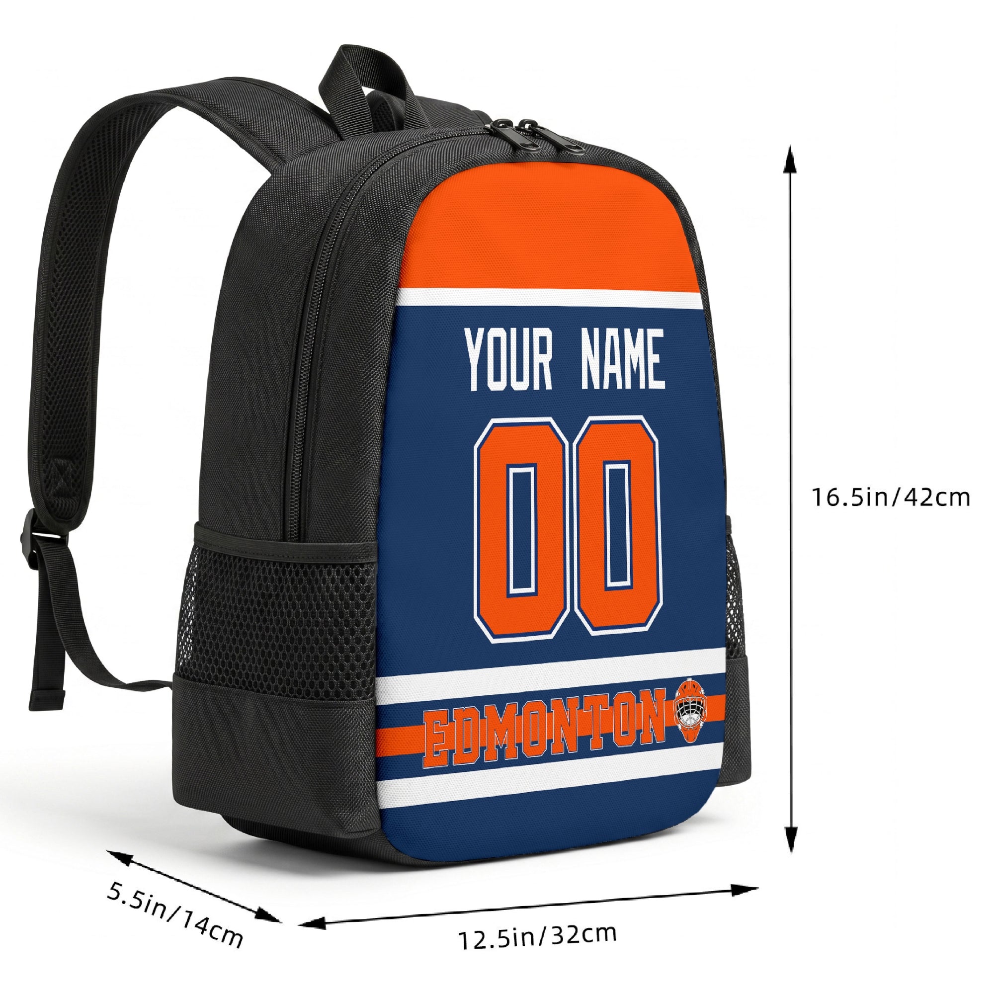 Edmonton custom hockey backpack size chart 16.5 by 12.5 by 5.5 inches