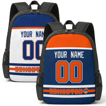 Custom hockey backpack for Edmonton fans with name and number preview