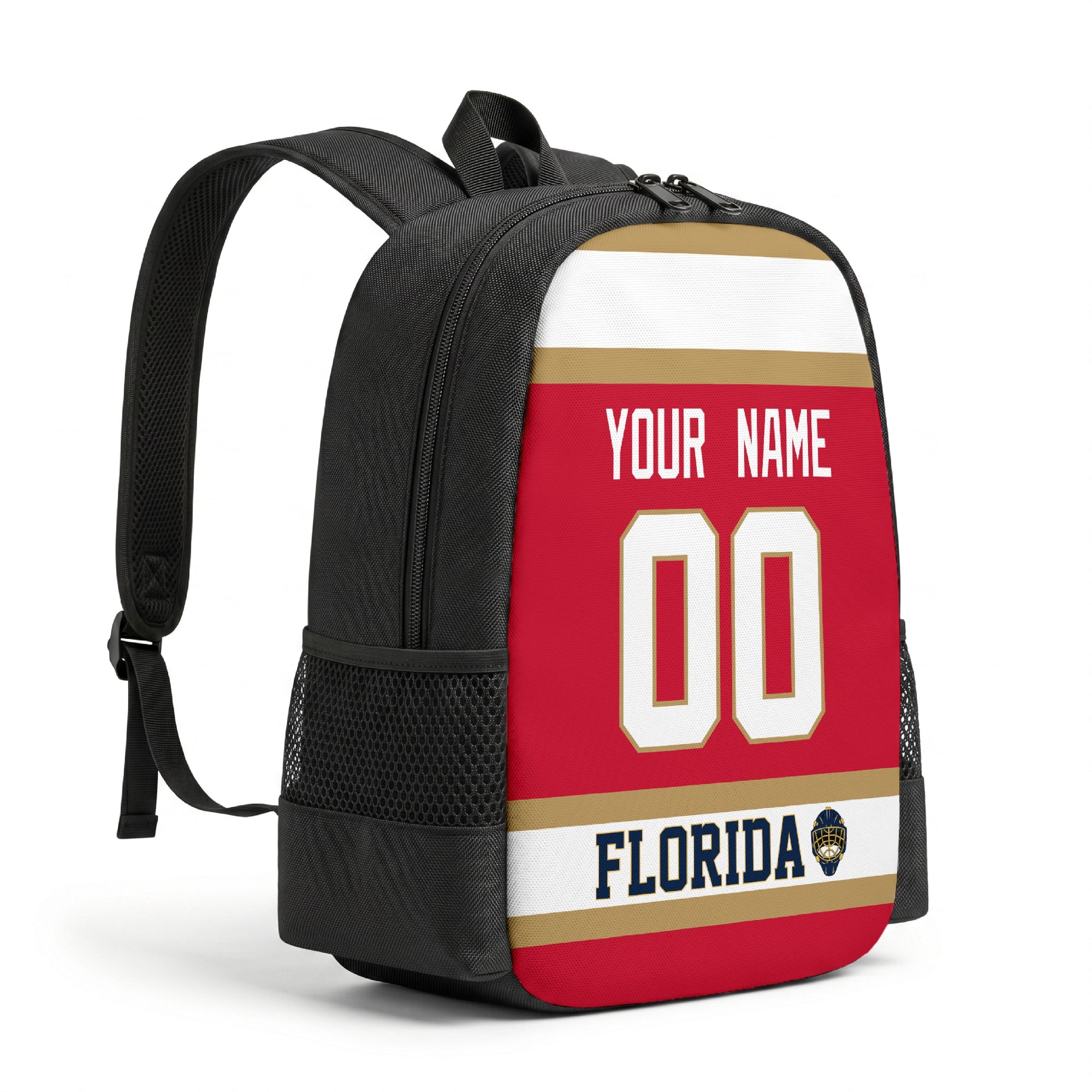 Florida hockey backpack angled view with side pocket