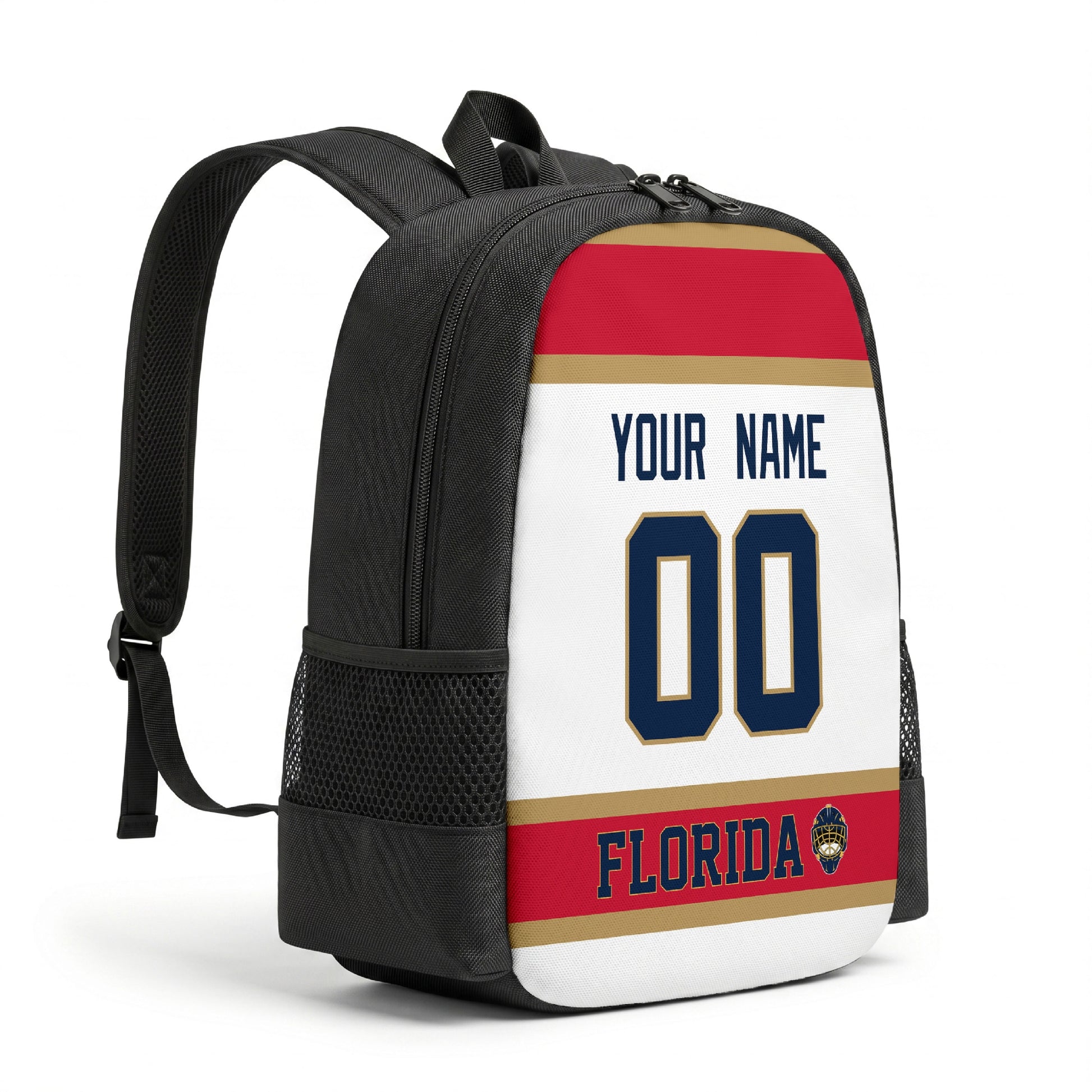 Florida personalized hockey backpack alternate angled view with side pocket