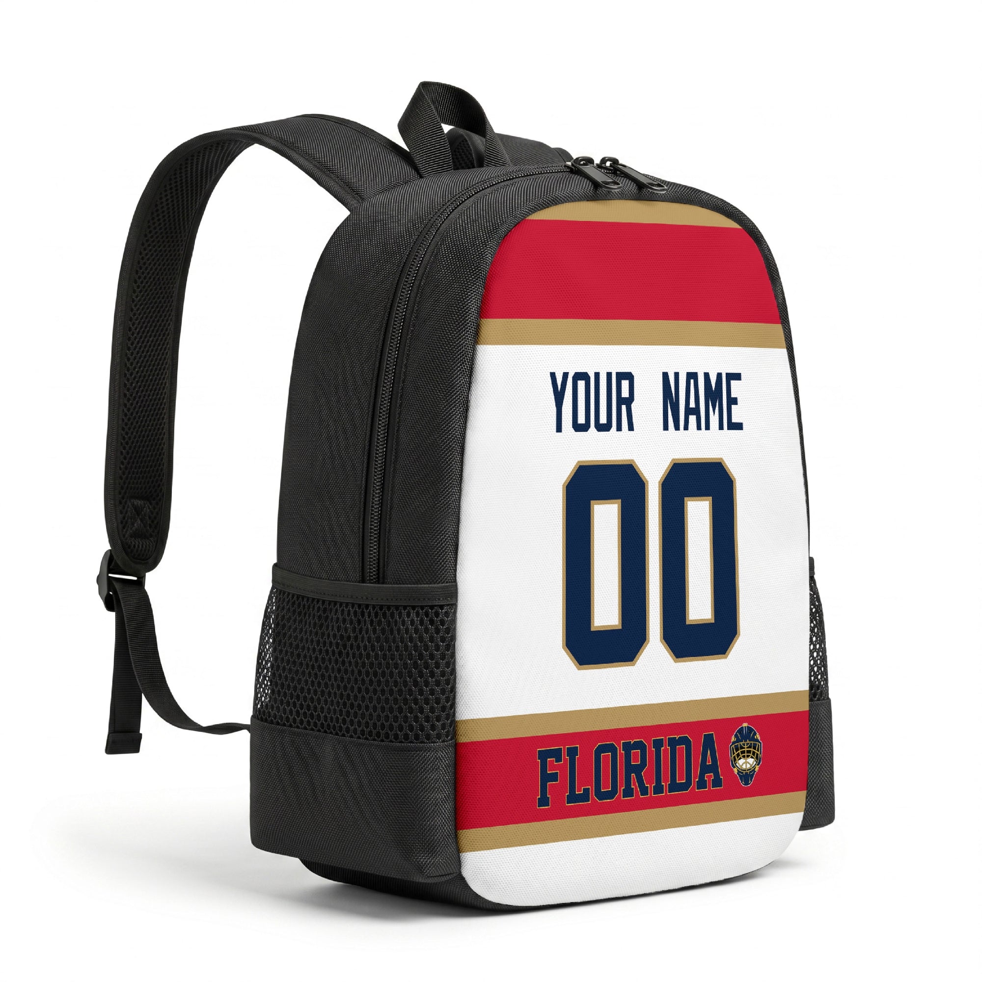 Florida personalized hockey backpack alternate angled view with side pocket