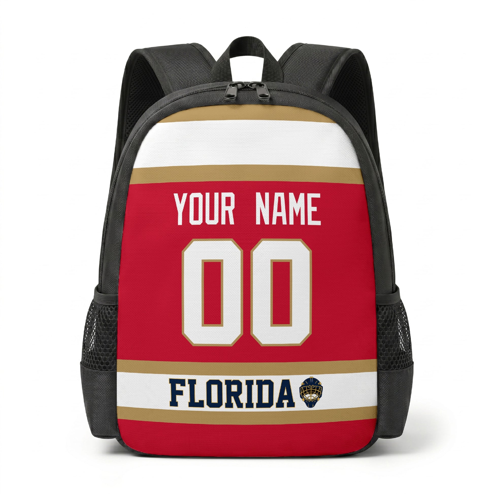 Florida hockey backpack front view with custom name and number