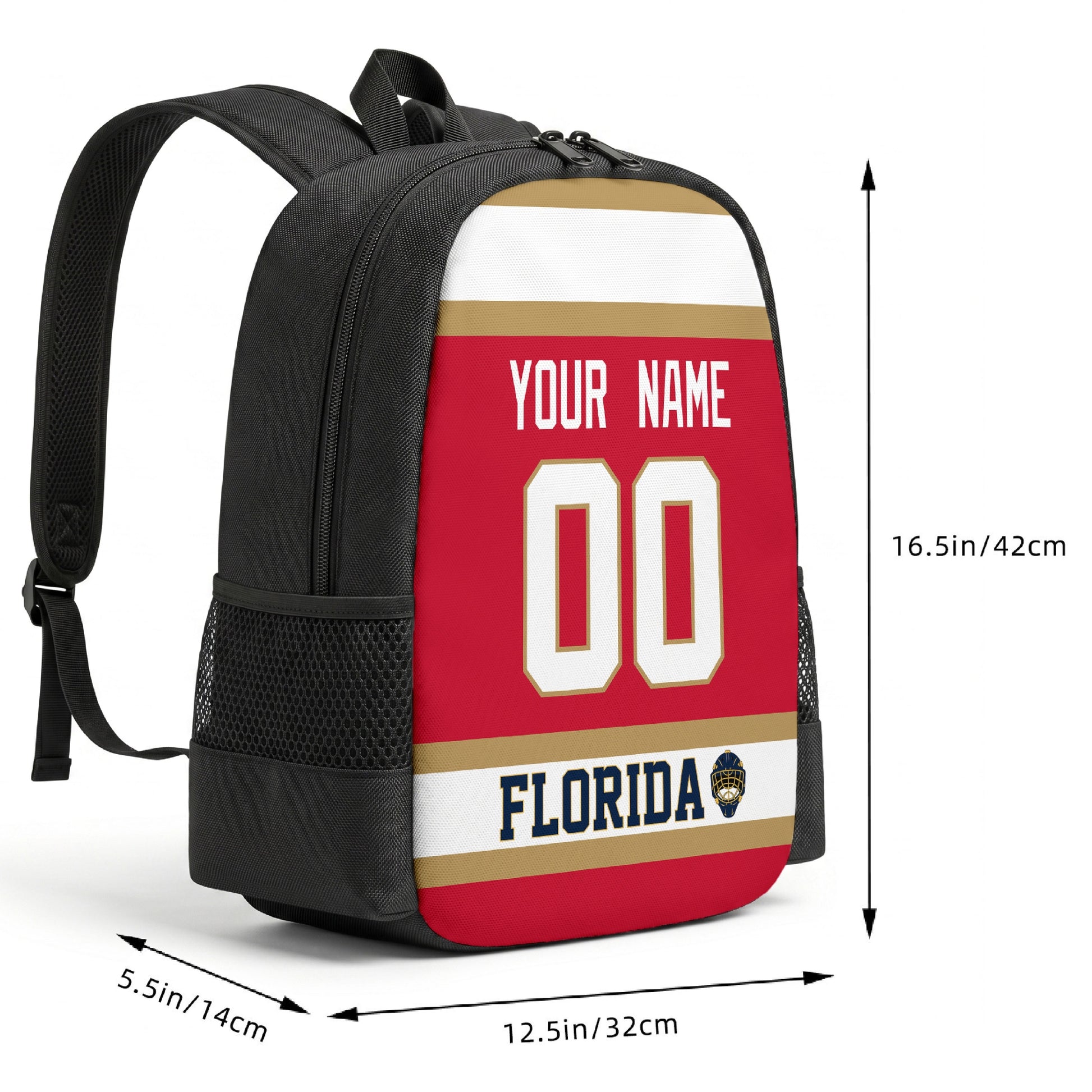 Florida custom hockey backpack size chart 16.5 by 12.5 by 5.5 inches