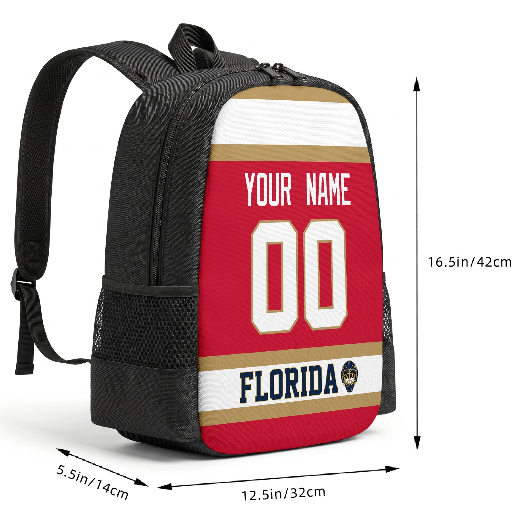 Florida custom hockey backpack size chart 16.5 by 12.5 by 5.5 inches