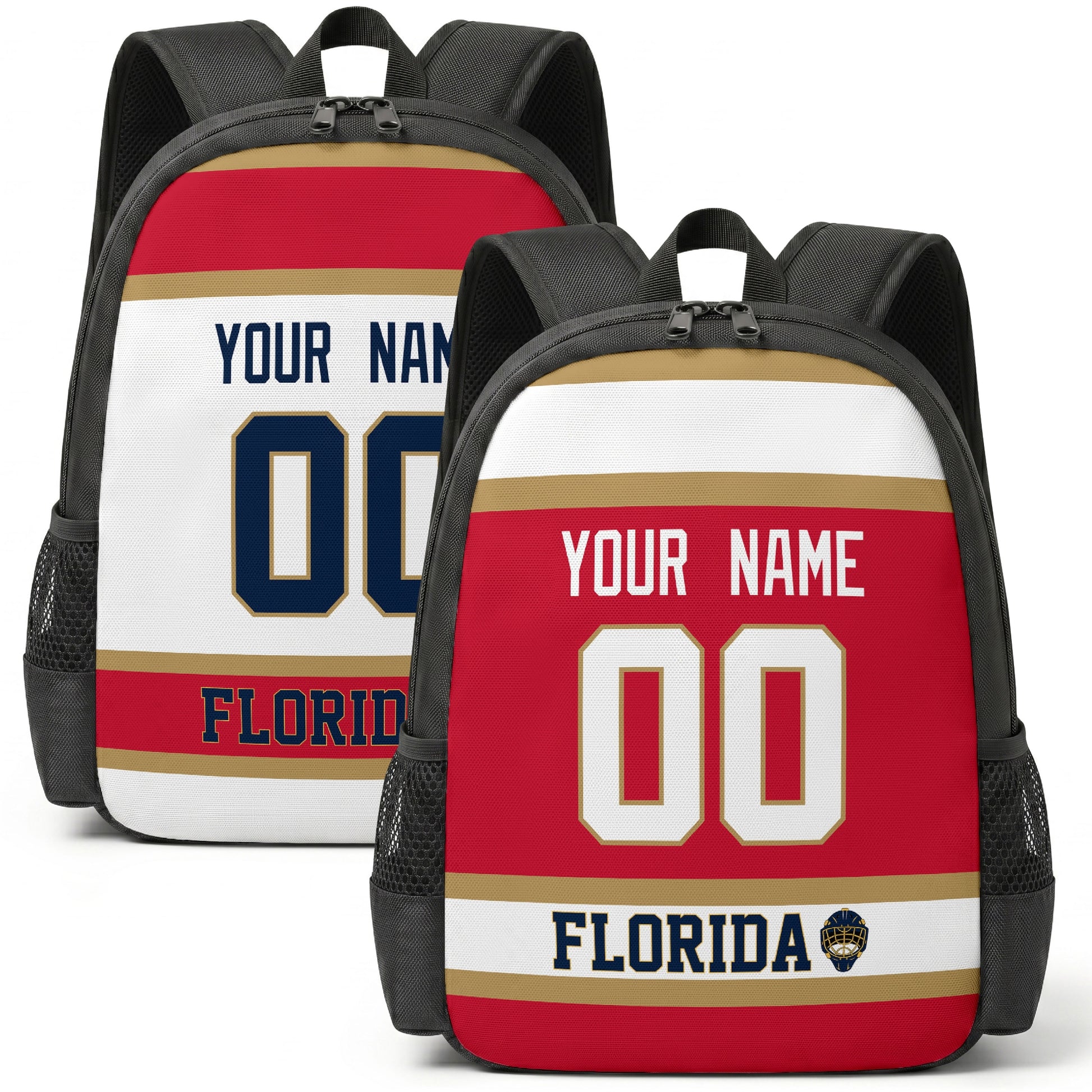 Custom hockey backpack for Florida fans with name and number preview