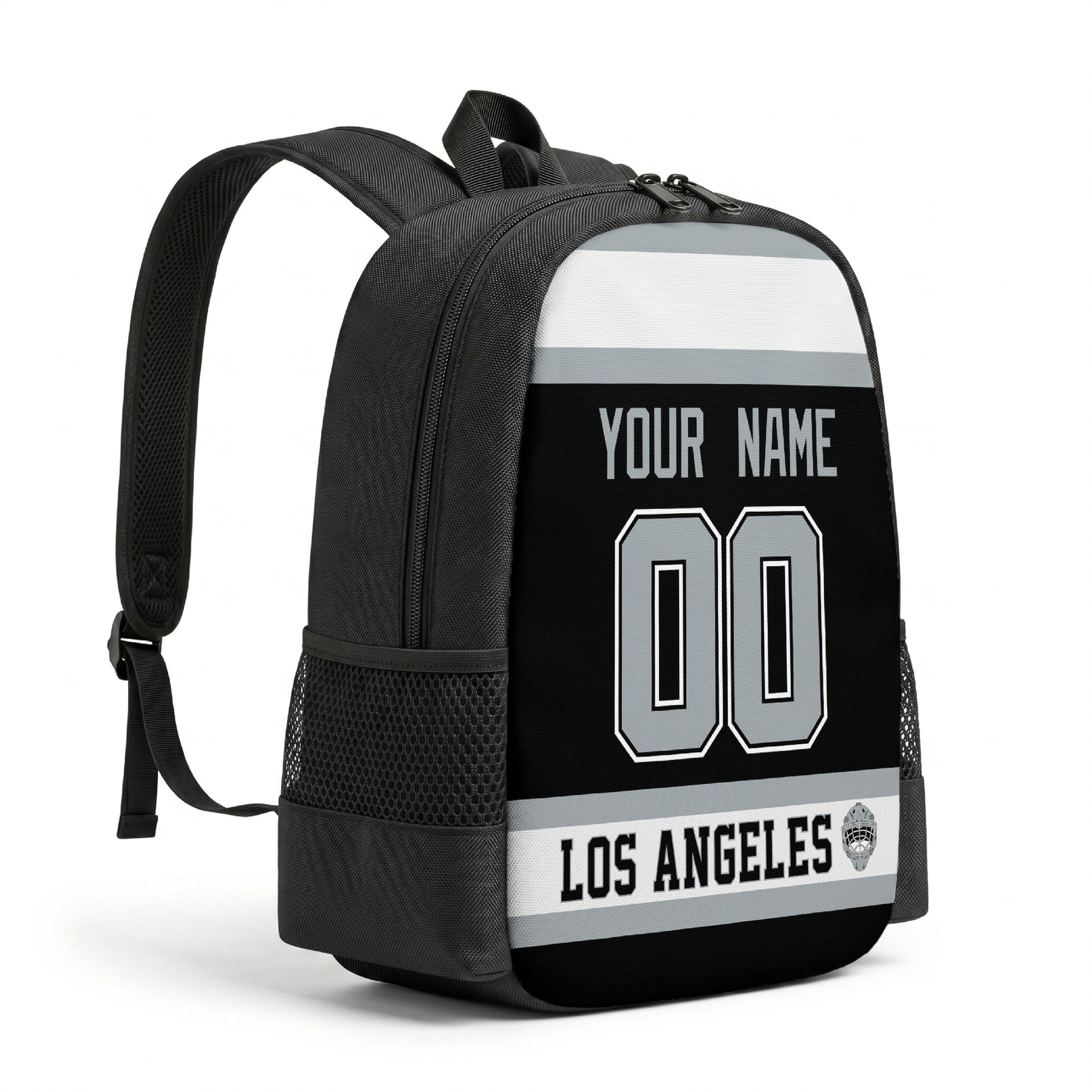 Los Angeles hockey backpack angled view with side pocket