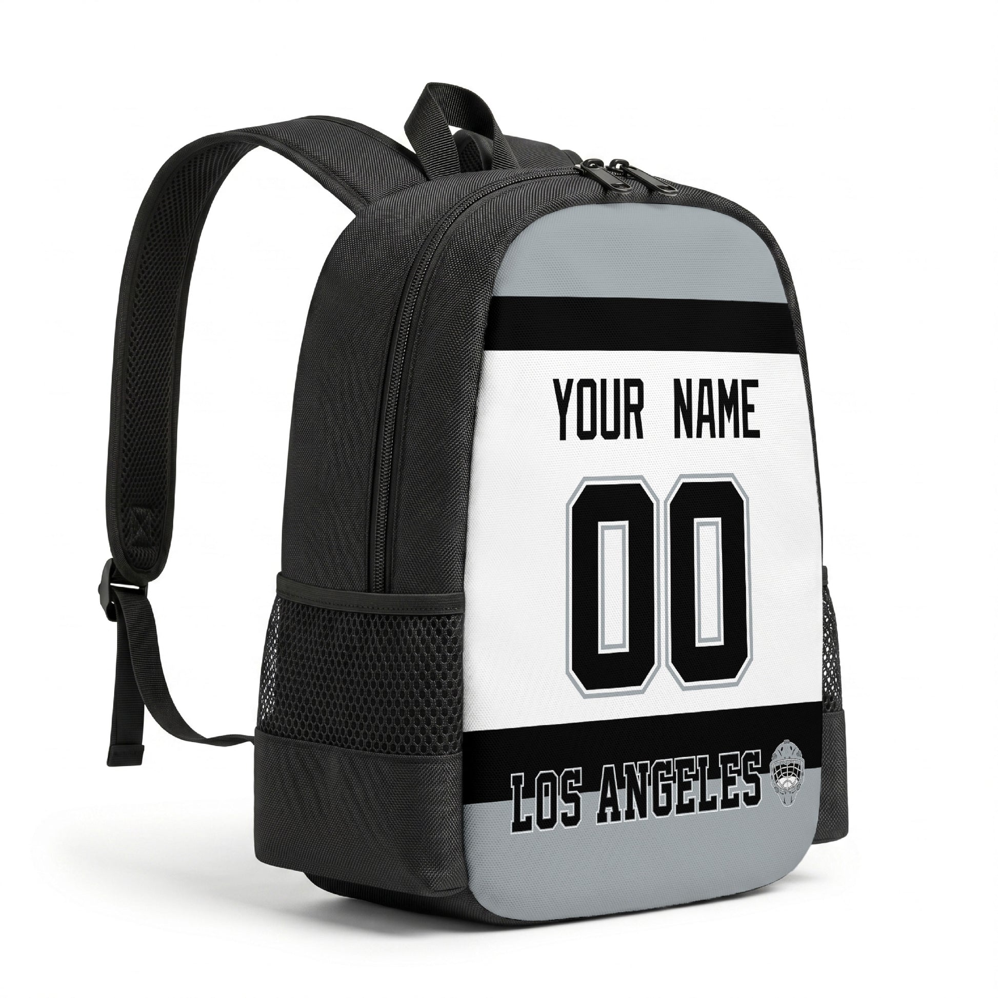 Los Angeles personalized hockey backpack alternate angled view with side pocket