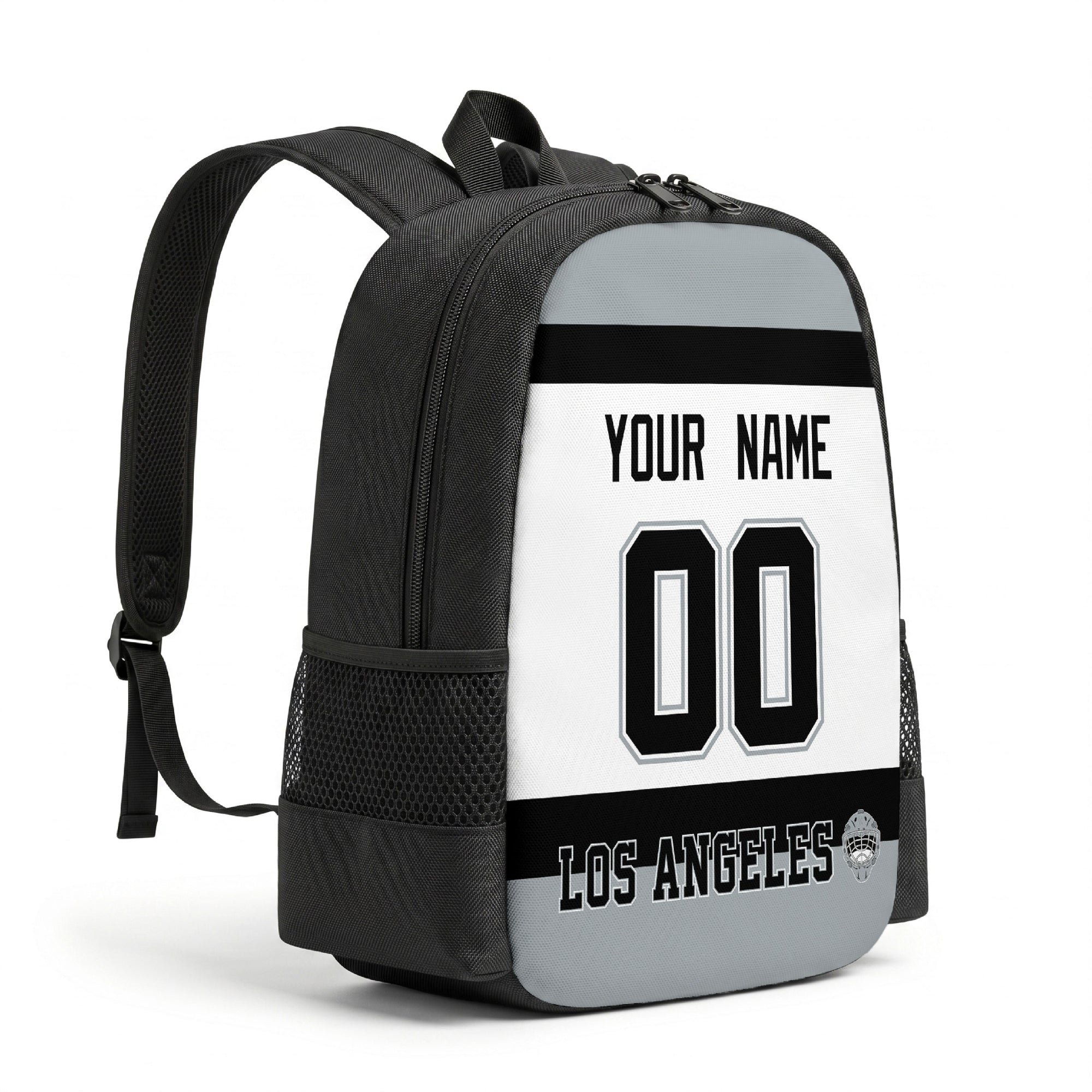 Los Angeles personalized hockey backpack alternate angled view with side pocket