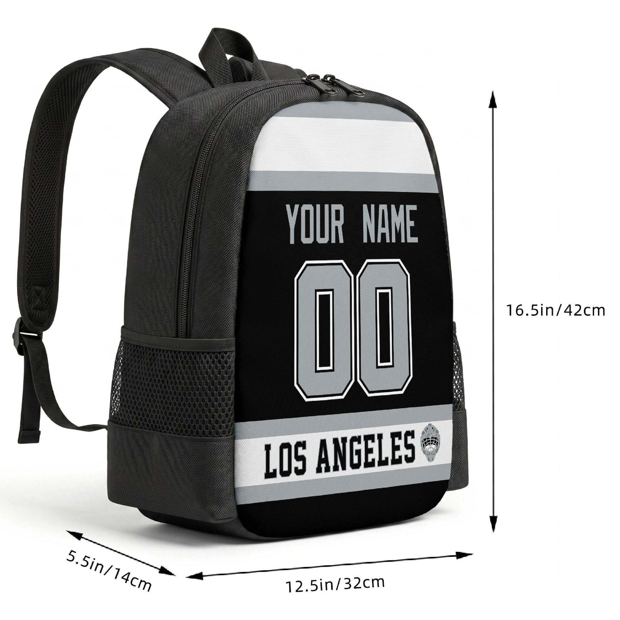 Los Angeles custom hockey backpack size chart 16.5 by 12.5 by 5.5 inches