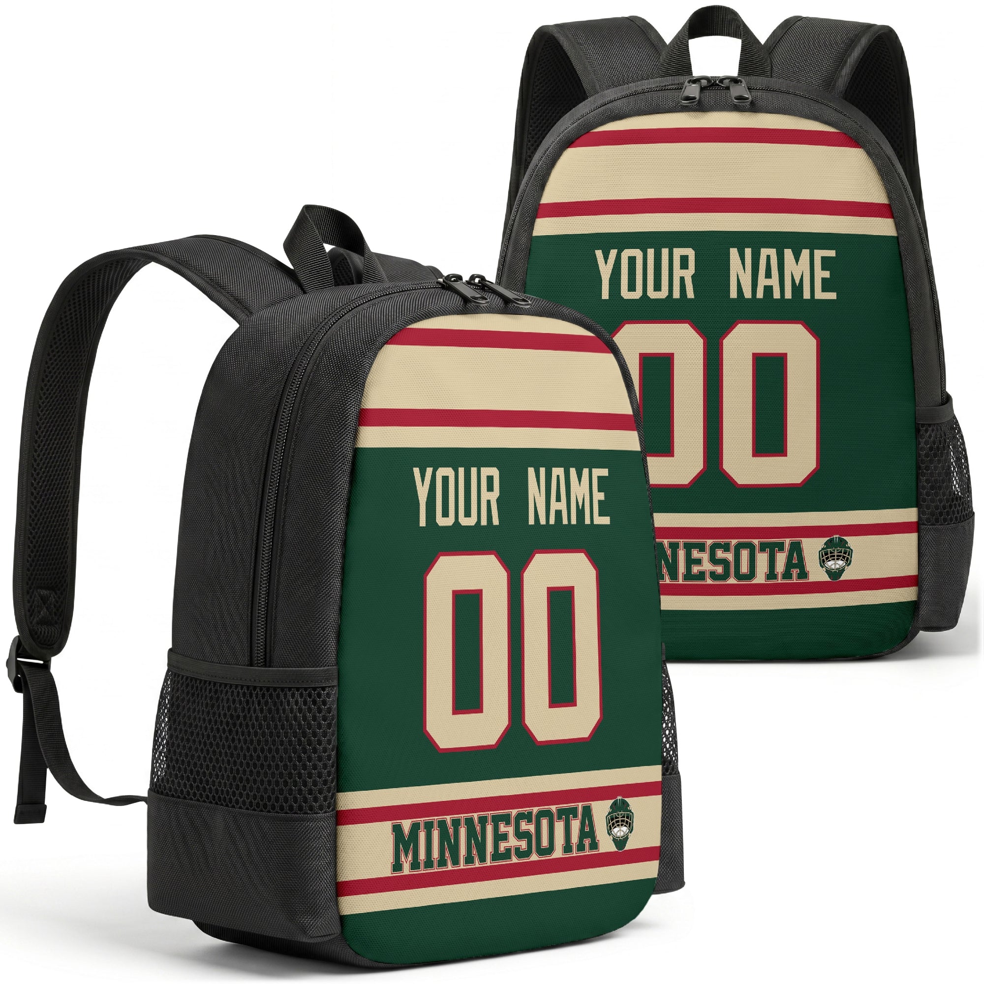 Minnesota custom hockey backpack front and back product view