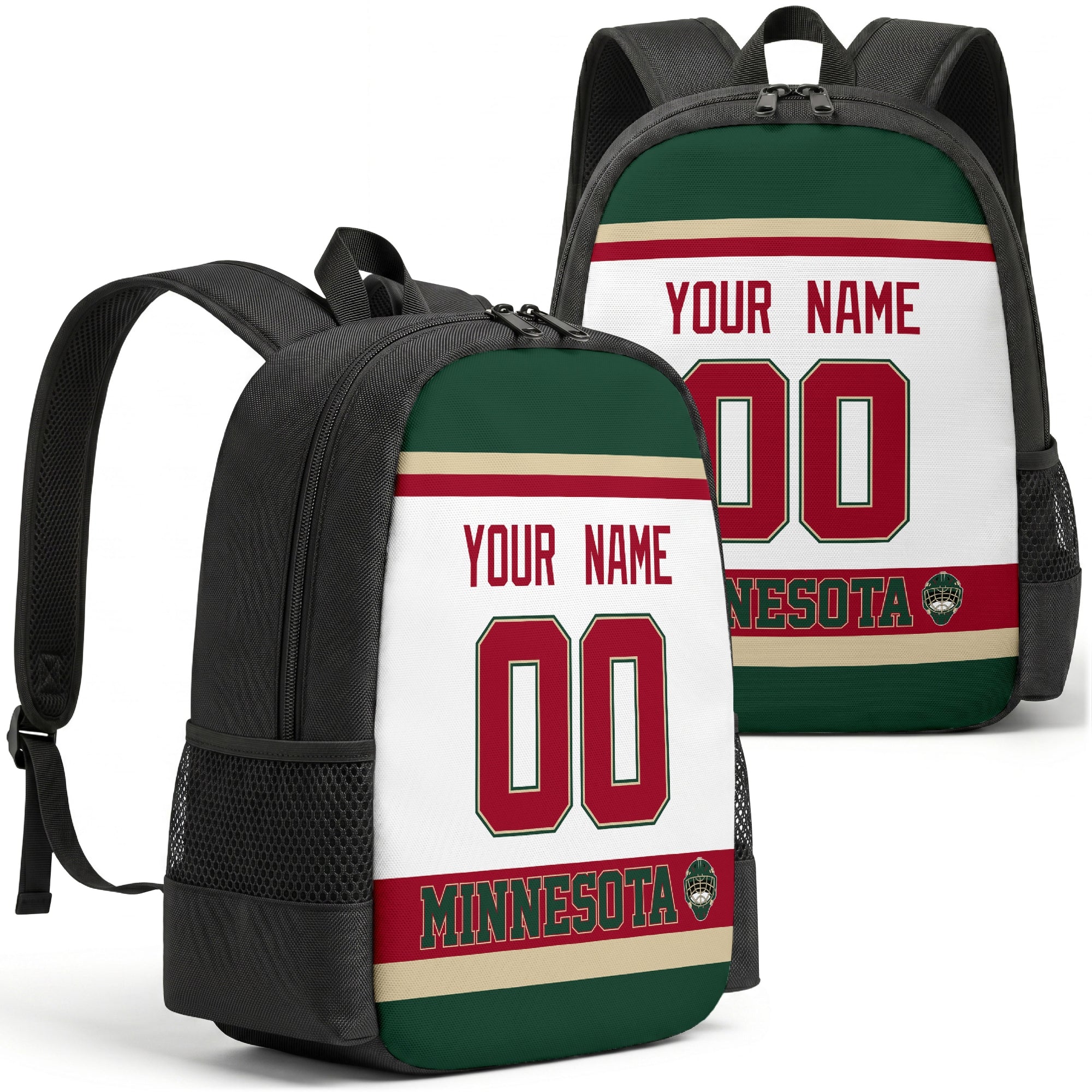 Minnesota personalized hockey backpack alternate front and back product view