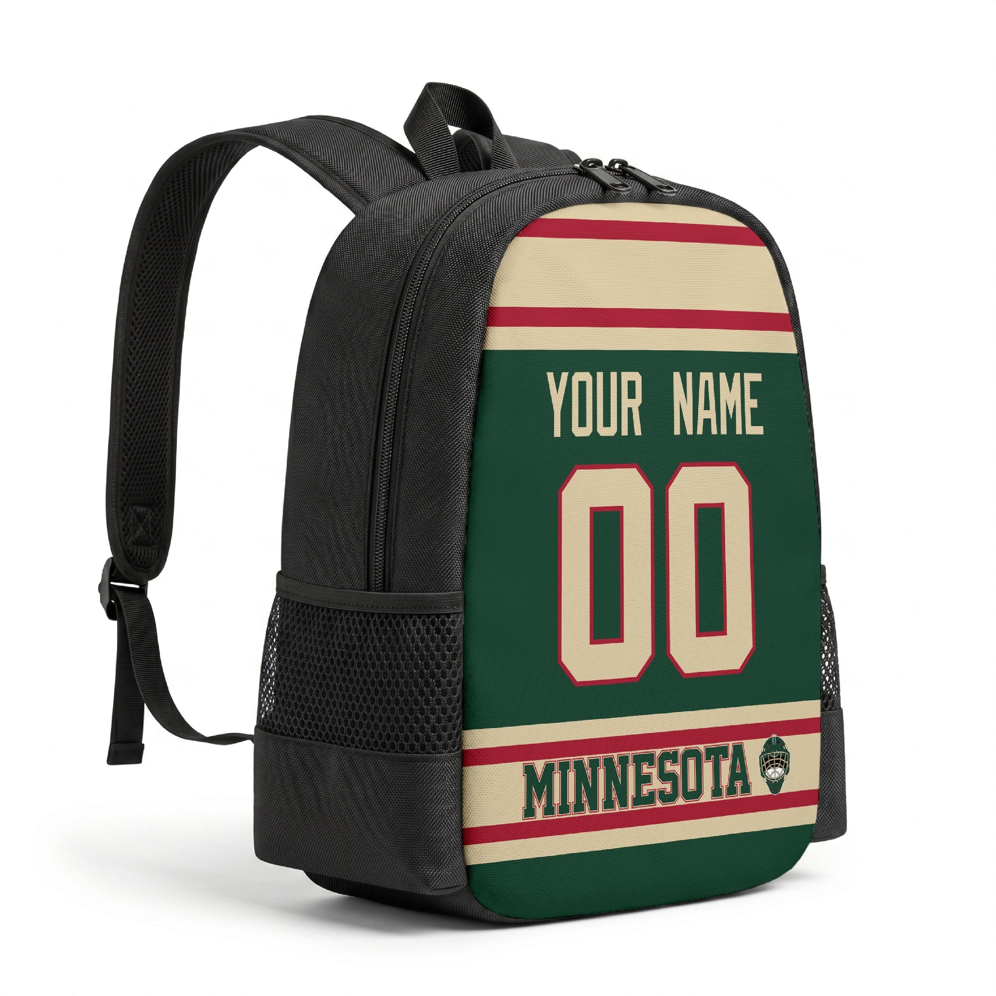 Minnesota hockey backpack angled view with side pocket