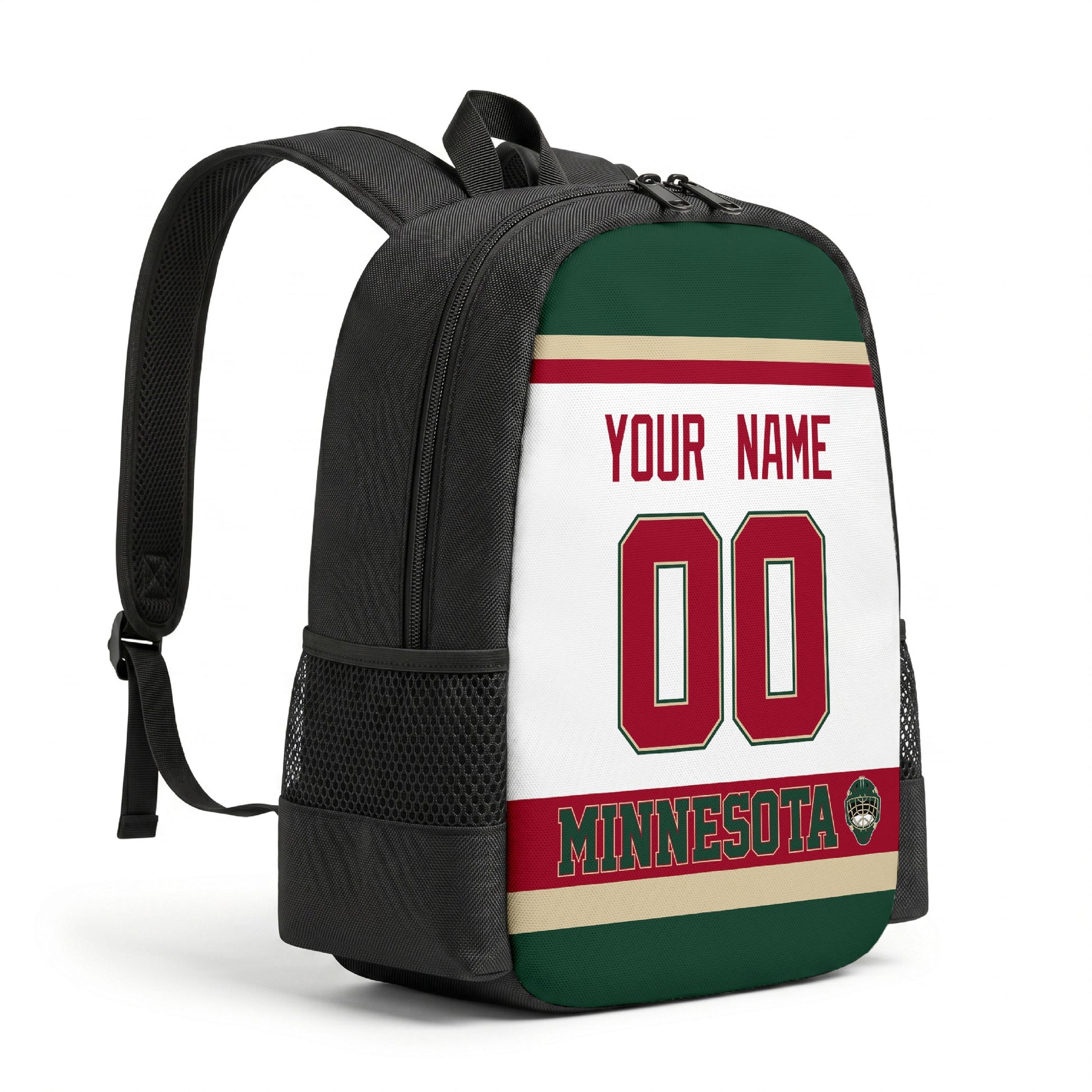 Minnesota personalized hockey backpack alternate angled view with side pocket