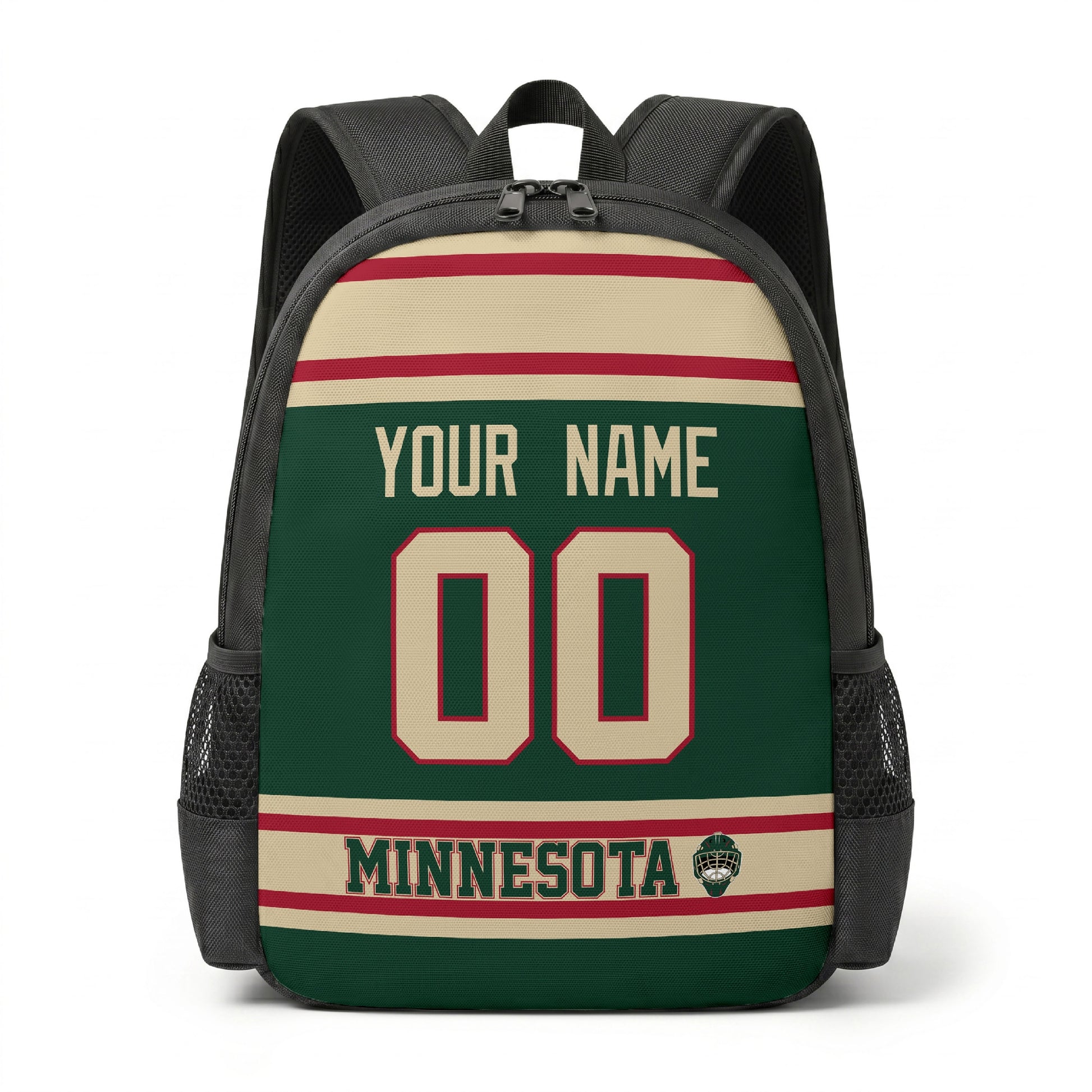 Minnesota hockey backpack front view with custom name and number