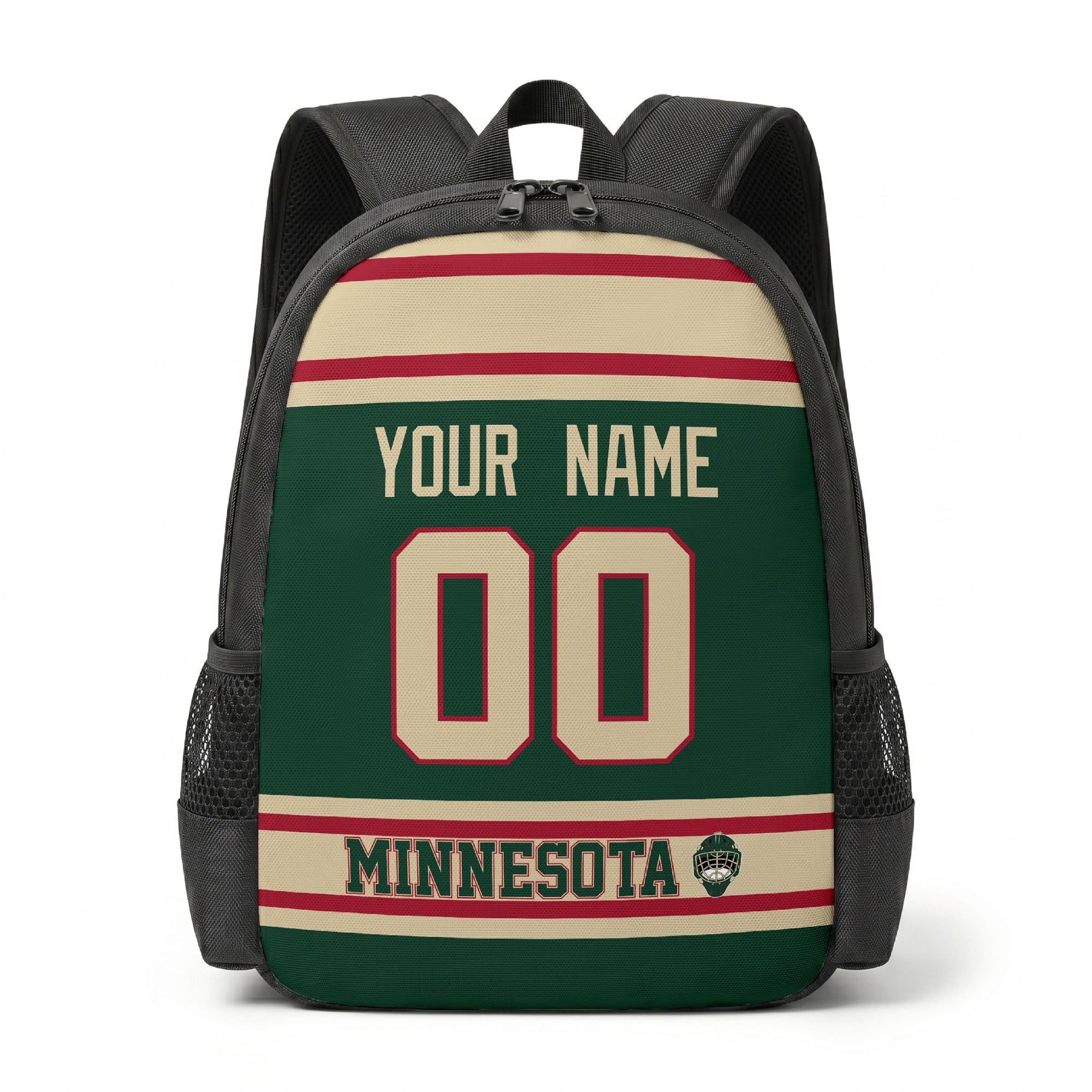 Minnesota hockey backpack front view with custom name and number