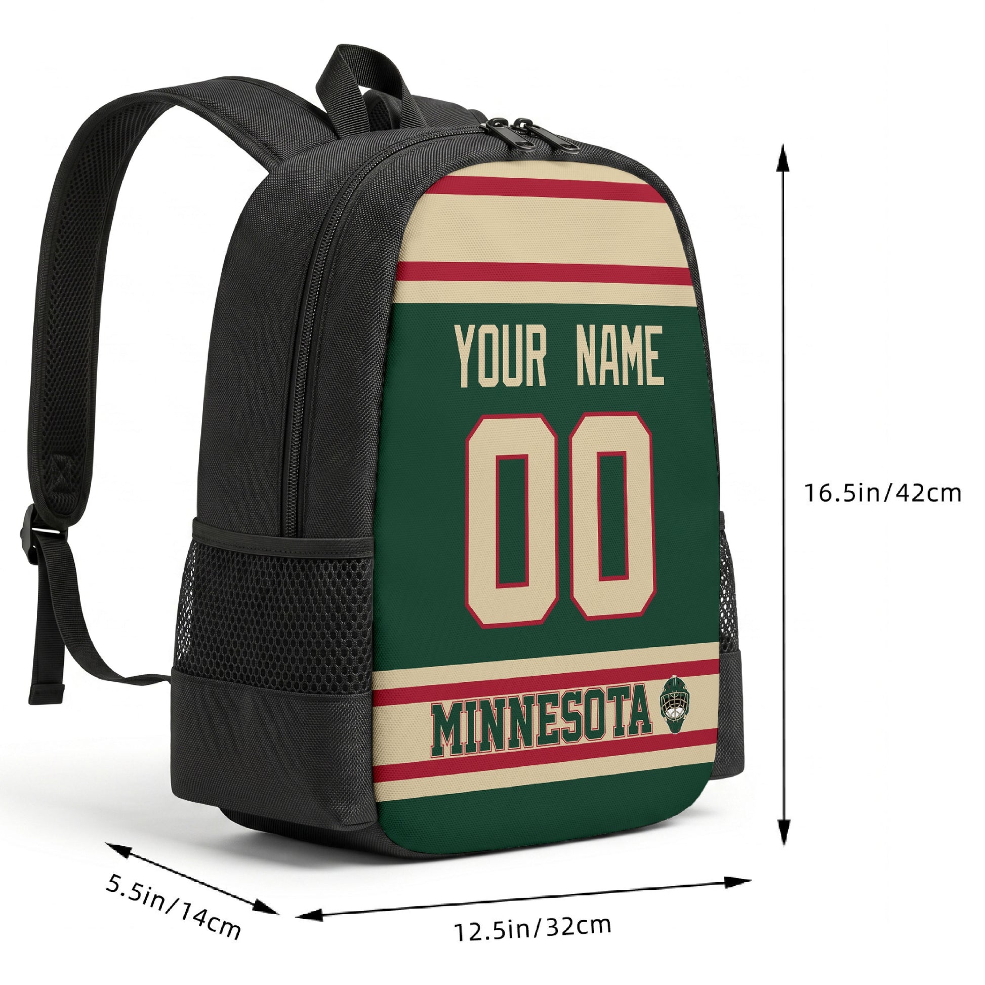 Minnesota custom hockey backpack size chart 16.5 by 12.5 by 5.5 inches