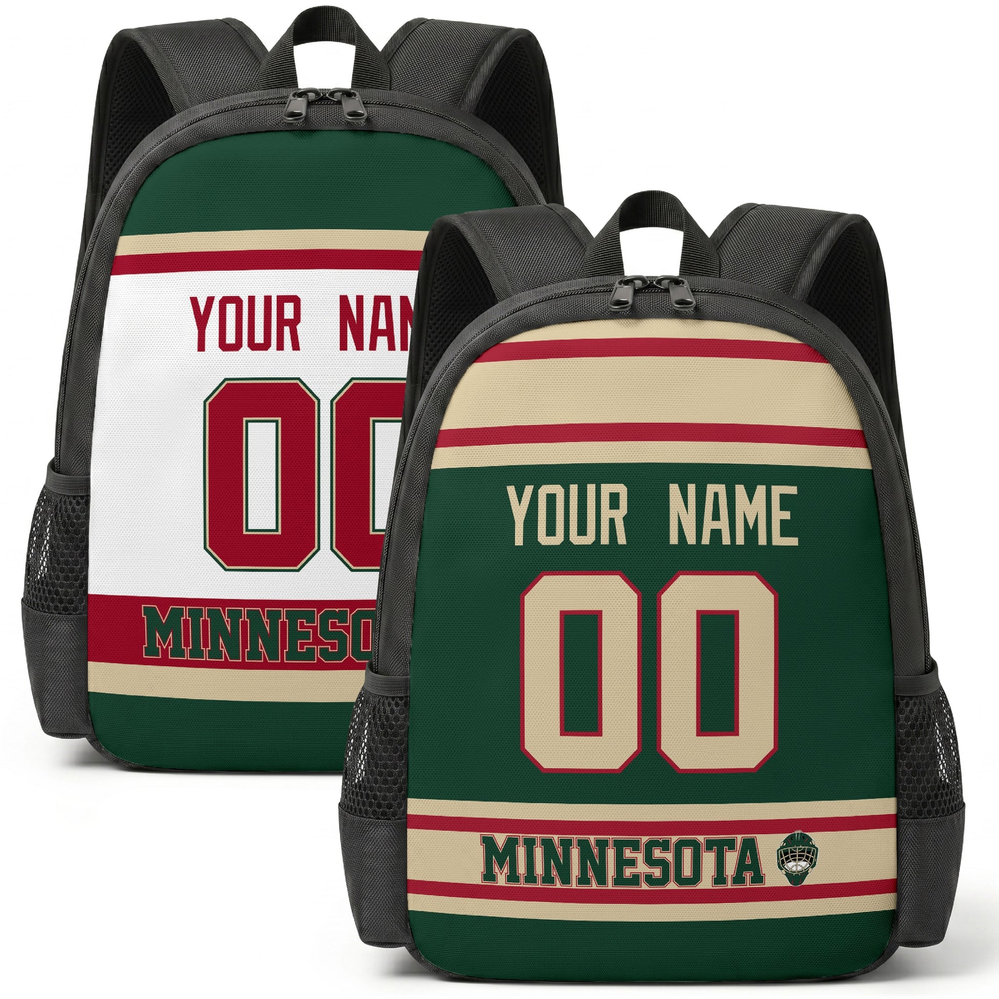 Custom hockey backpack for Minnesota fans with name and number preview