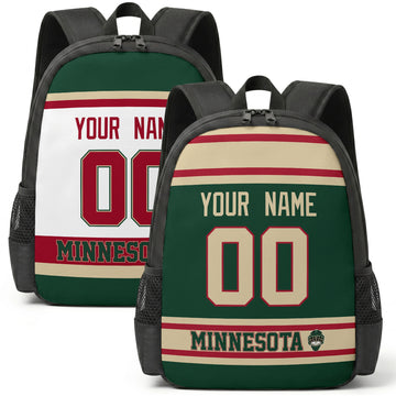 Custom hockey backpack for Minnesota fans with name and number preview