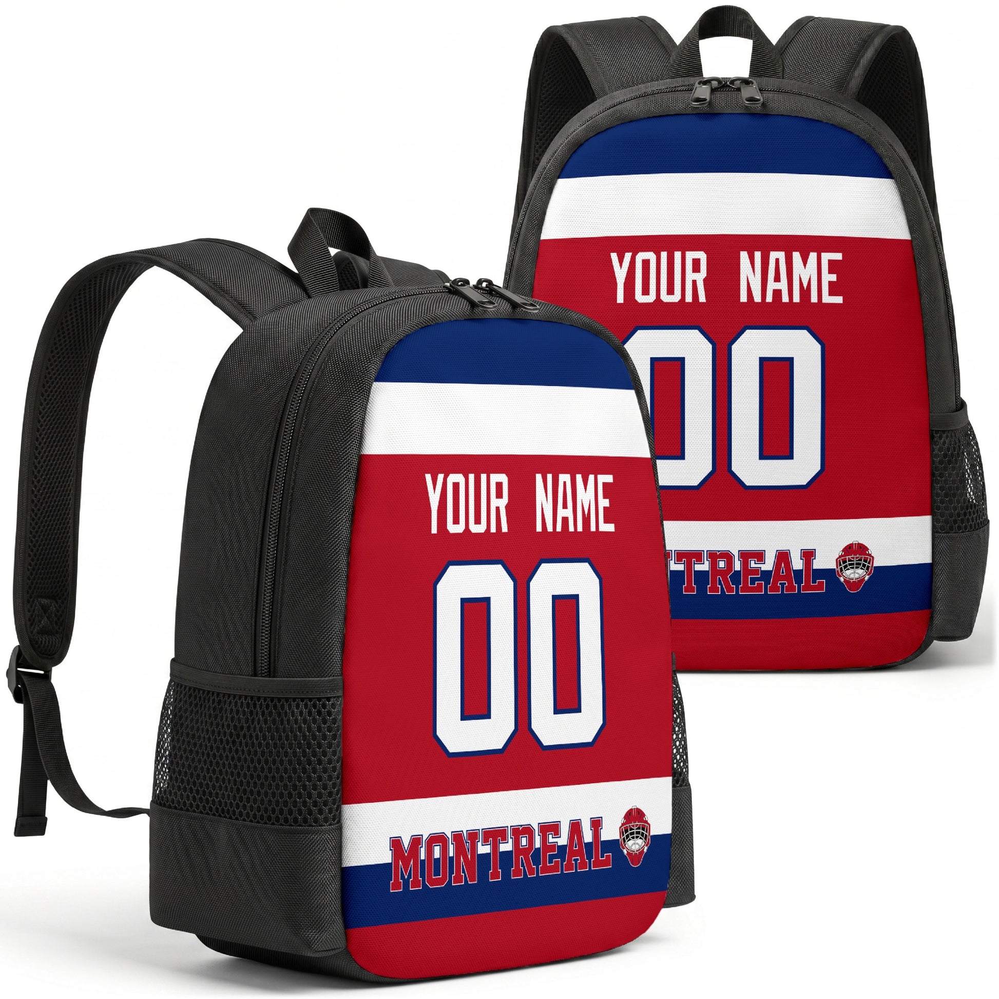 Montreal custom hockey backpack front and back product view