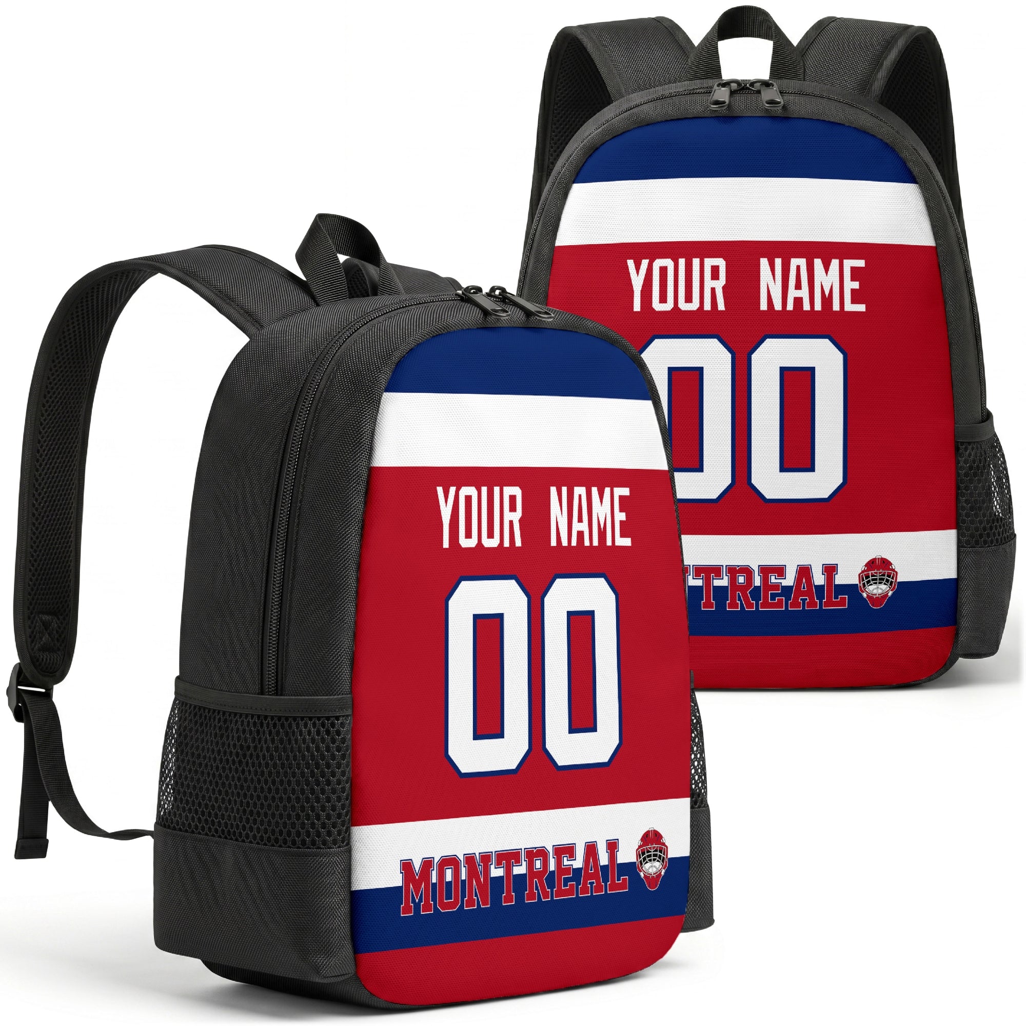 Montreal custom hockey backpack front and back product view