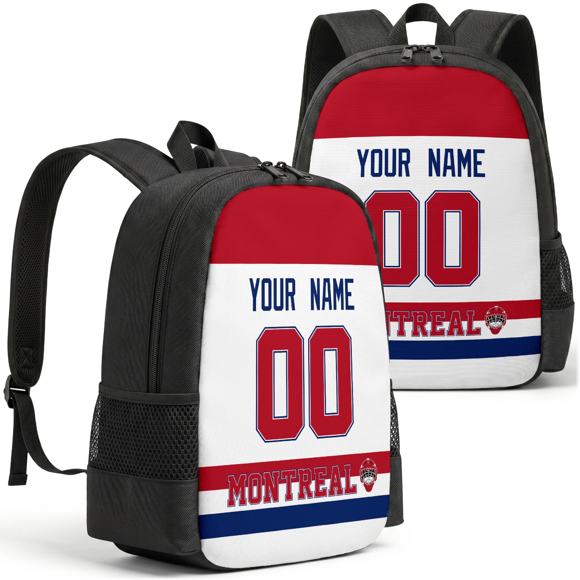 Montreal personalized hockey backpack alternate front and back product view