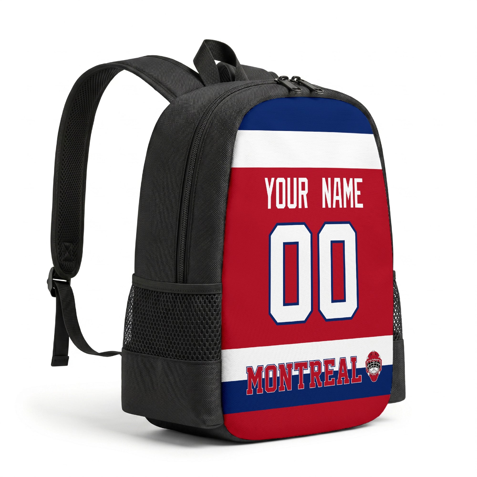 Montreal hockey backpack angled view with side pocket