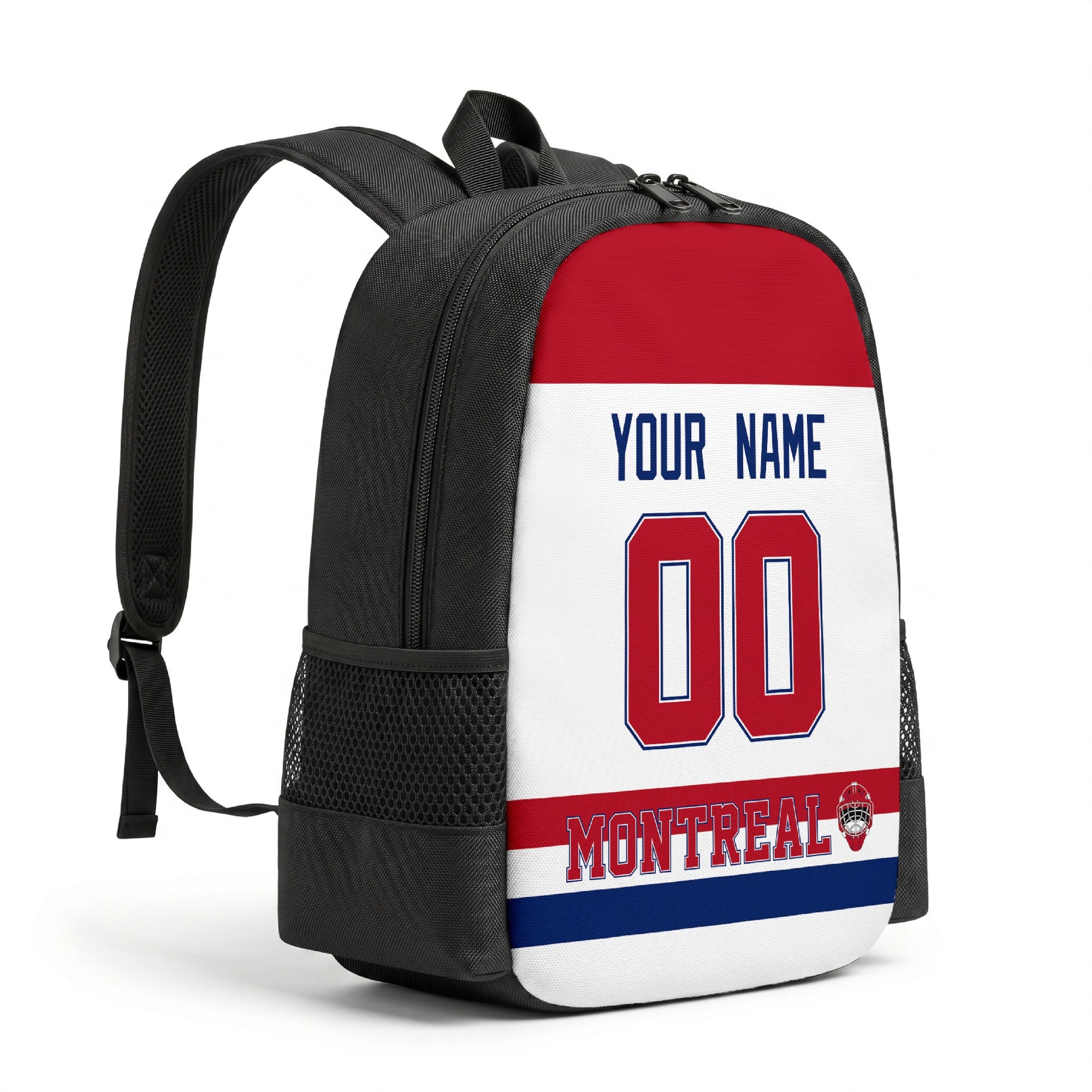 Montreal personalized hockey backpack alternate angled view with side pocket