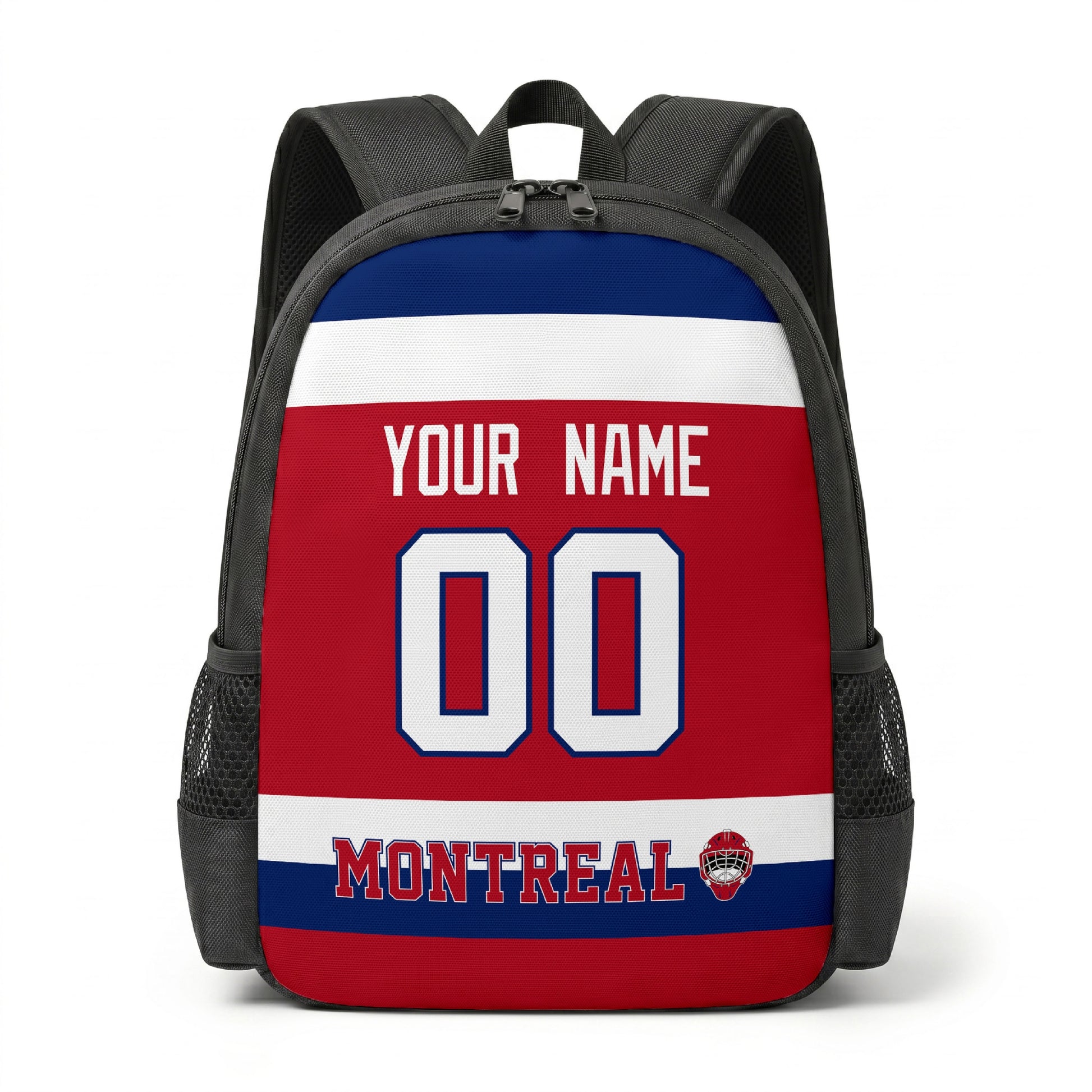 Montreal hockey backpack front view with custom name and number