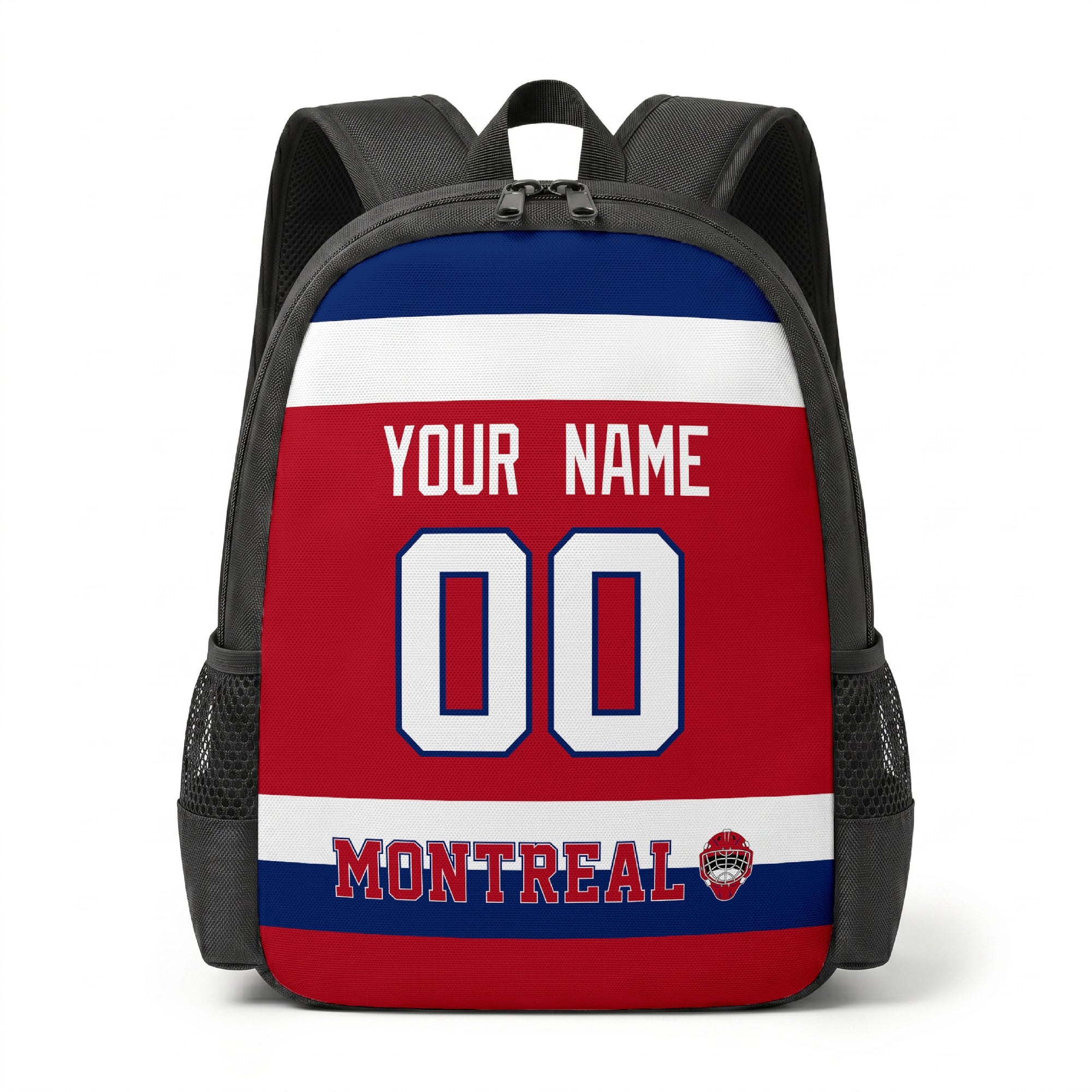 Montreal hockey backpack front view with custom name and number
