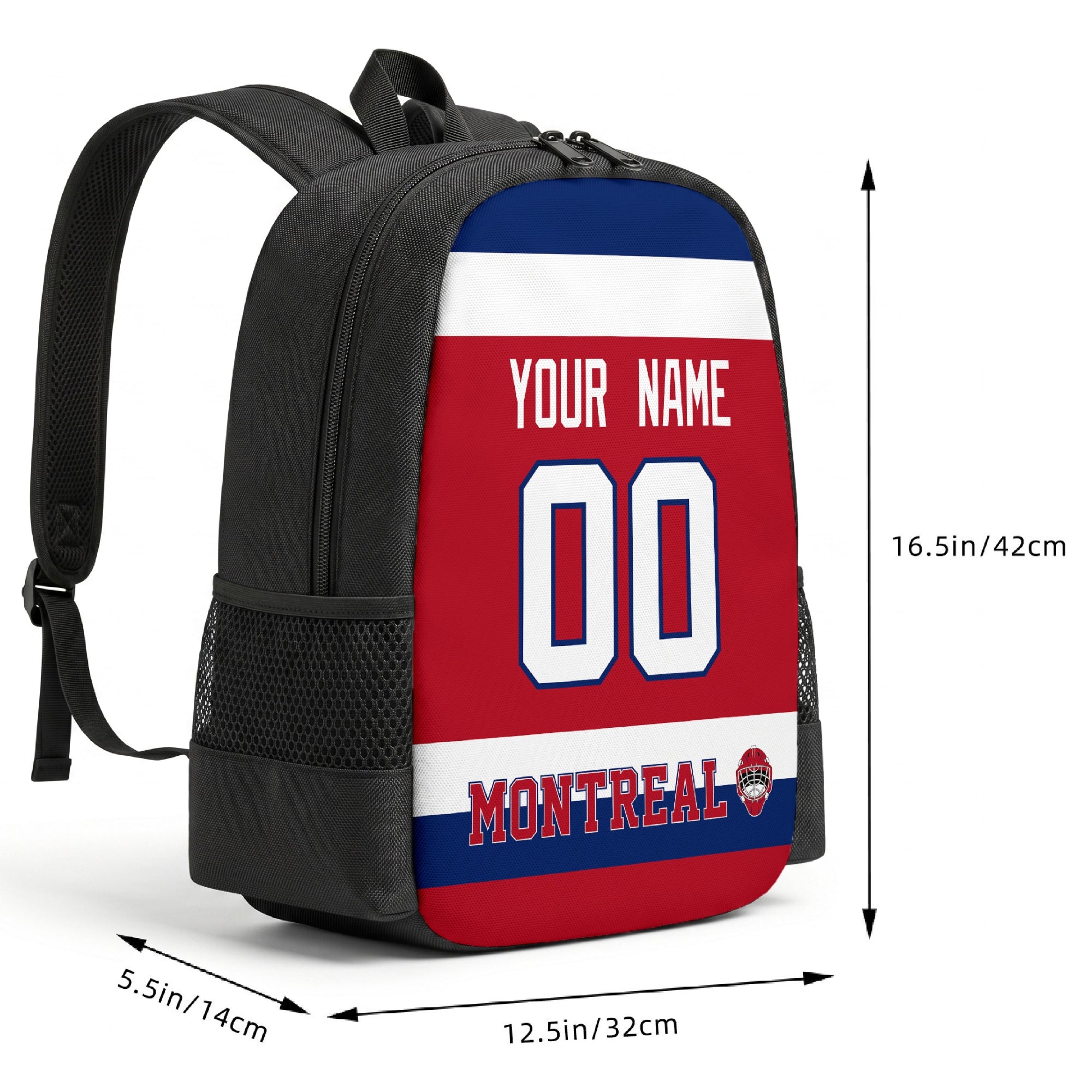 Montreal custom hockey backpack size chart 16.5 by 12.5 by 5.5 inches