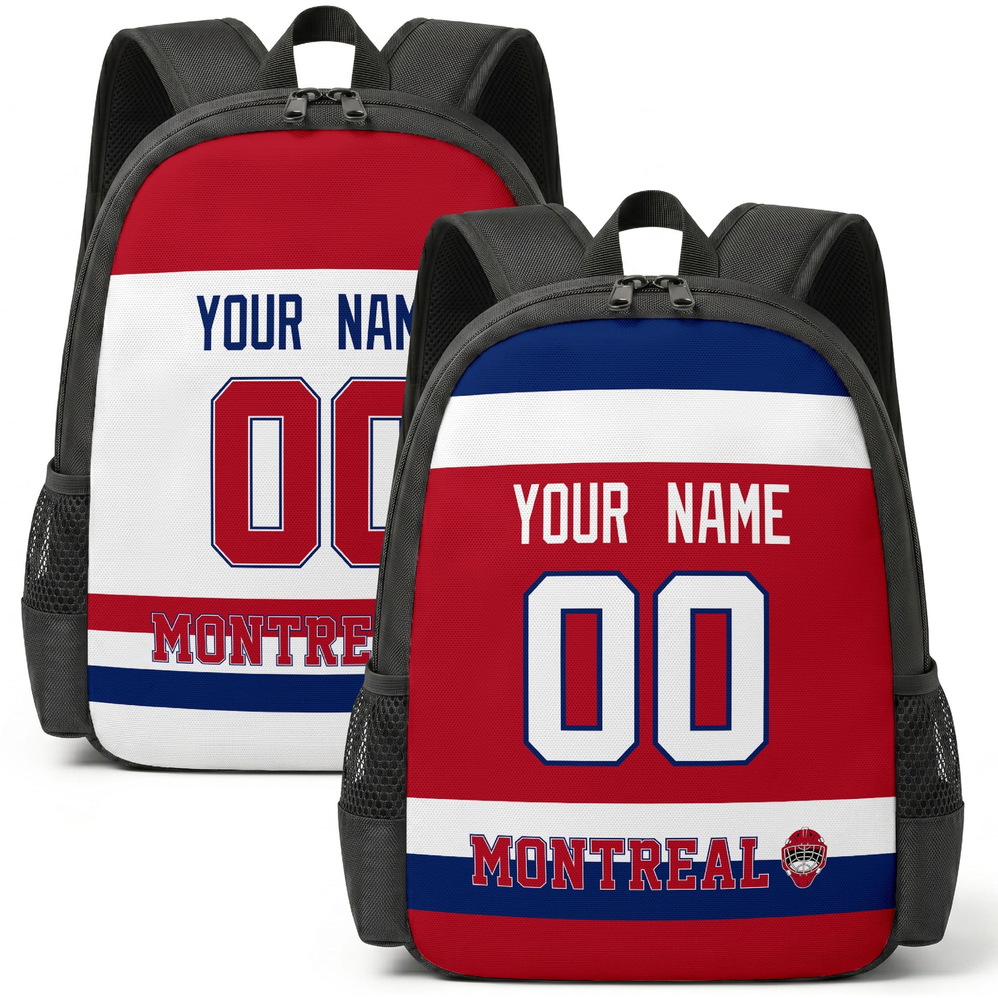 Custom hockey backpack for Montreal fans with name and number preview