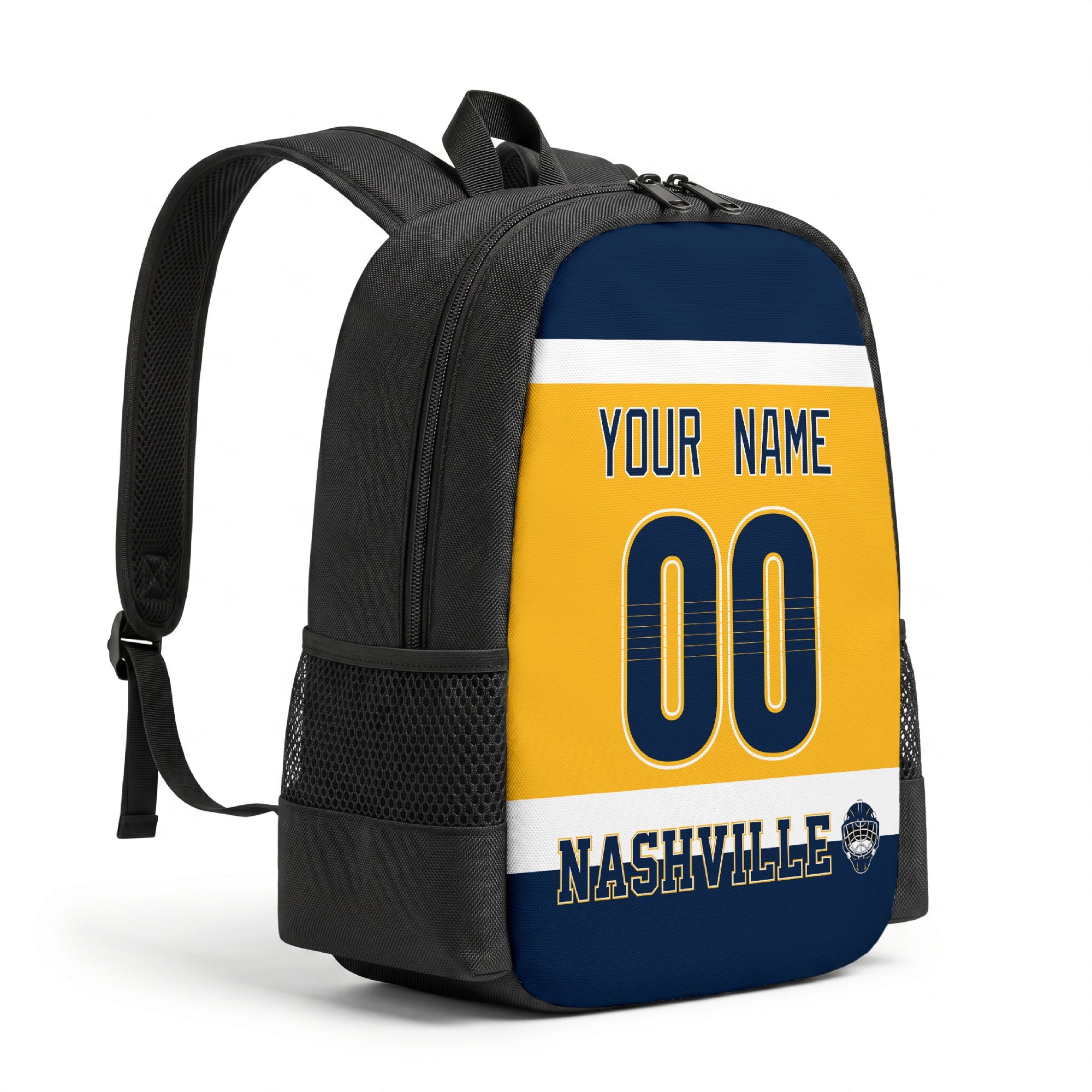 Nashville hockey backpack angled view with side pocket